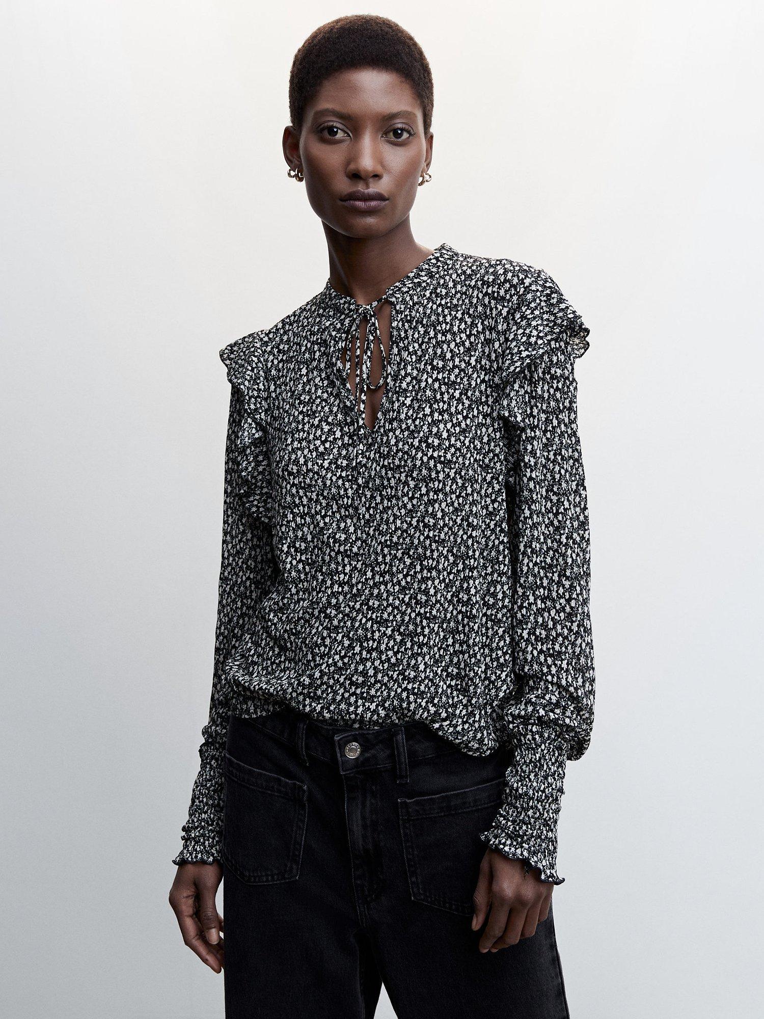Mango Pomi Textured Ruffled Blouse, Black