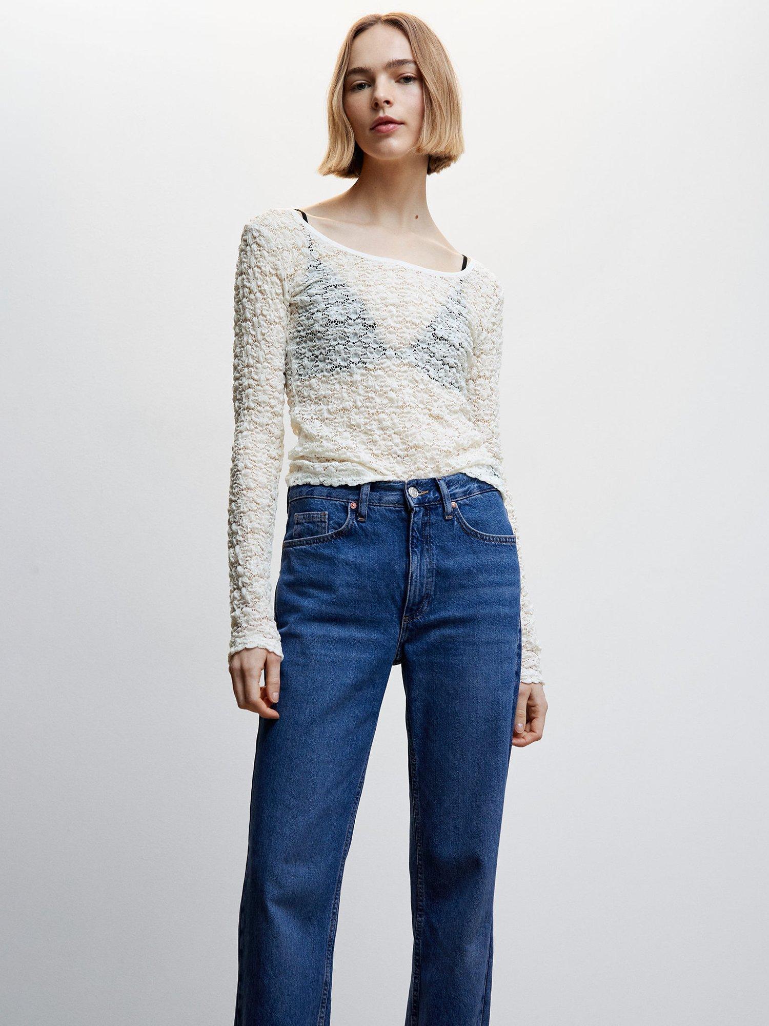 Mango Sam Long Sleeve Textured Top, Light Beige