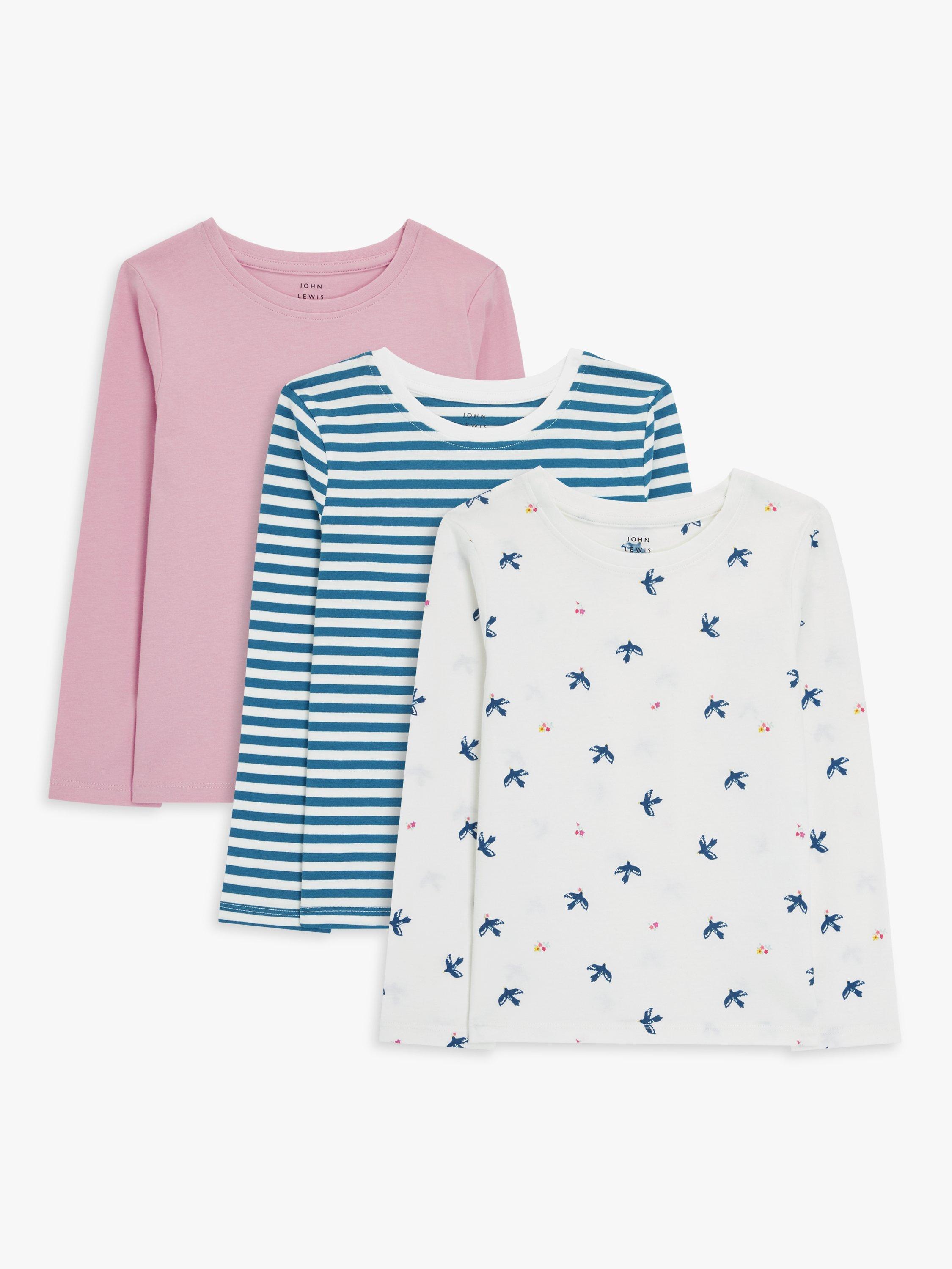 John Lewis Kids' Plain/Stripe/Birds Jersey Tops, Pack of 3, Multi