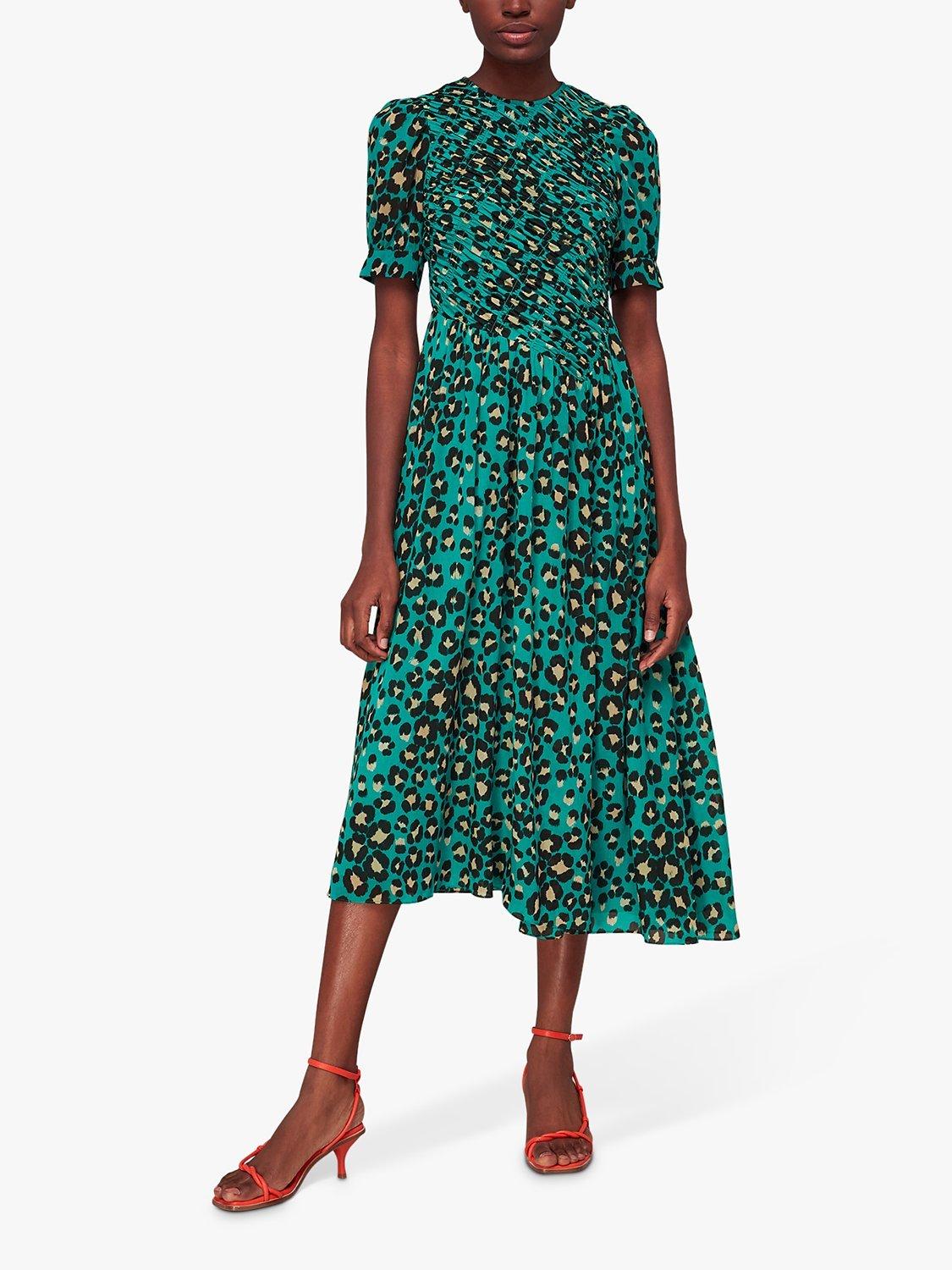 Whistles Painted Leopard Print Shirred Midi Dress, Green/Multi