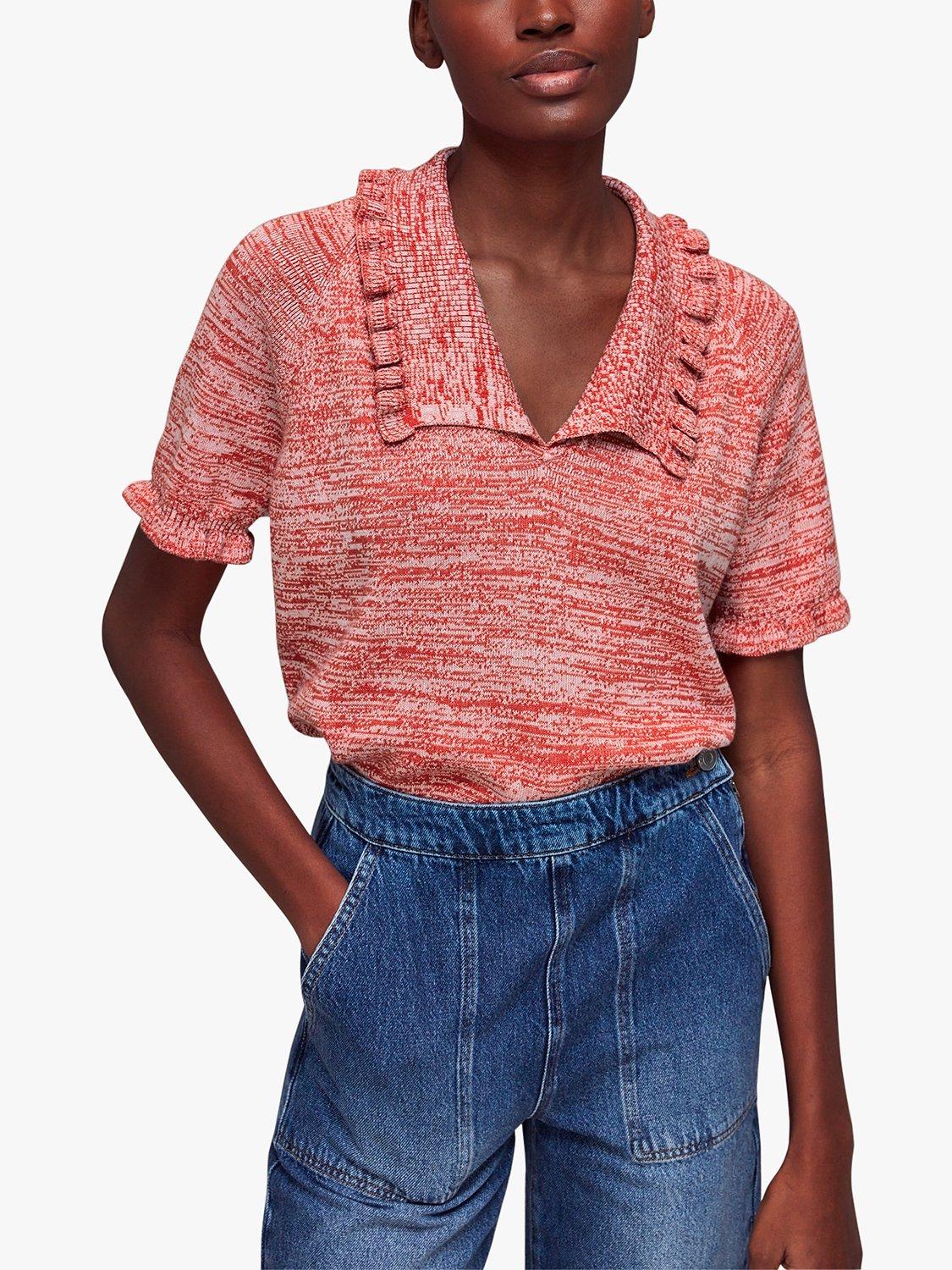 Whistles Frill Collar Short Sleeve Knit, Pink/Multi