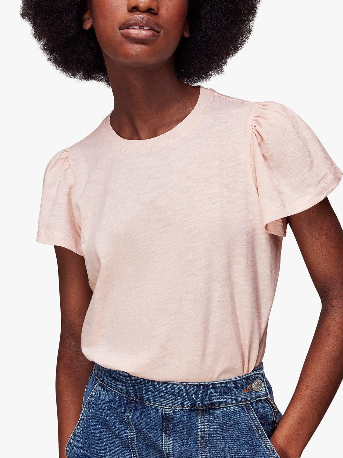 Product image 1 of 5, which shows Whistles Cotton Frill Sleeve Top, Pale Pink, XS