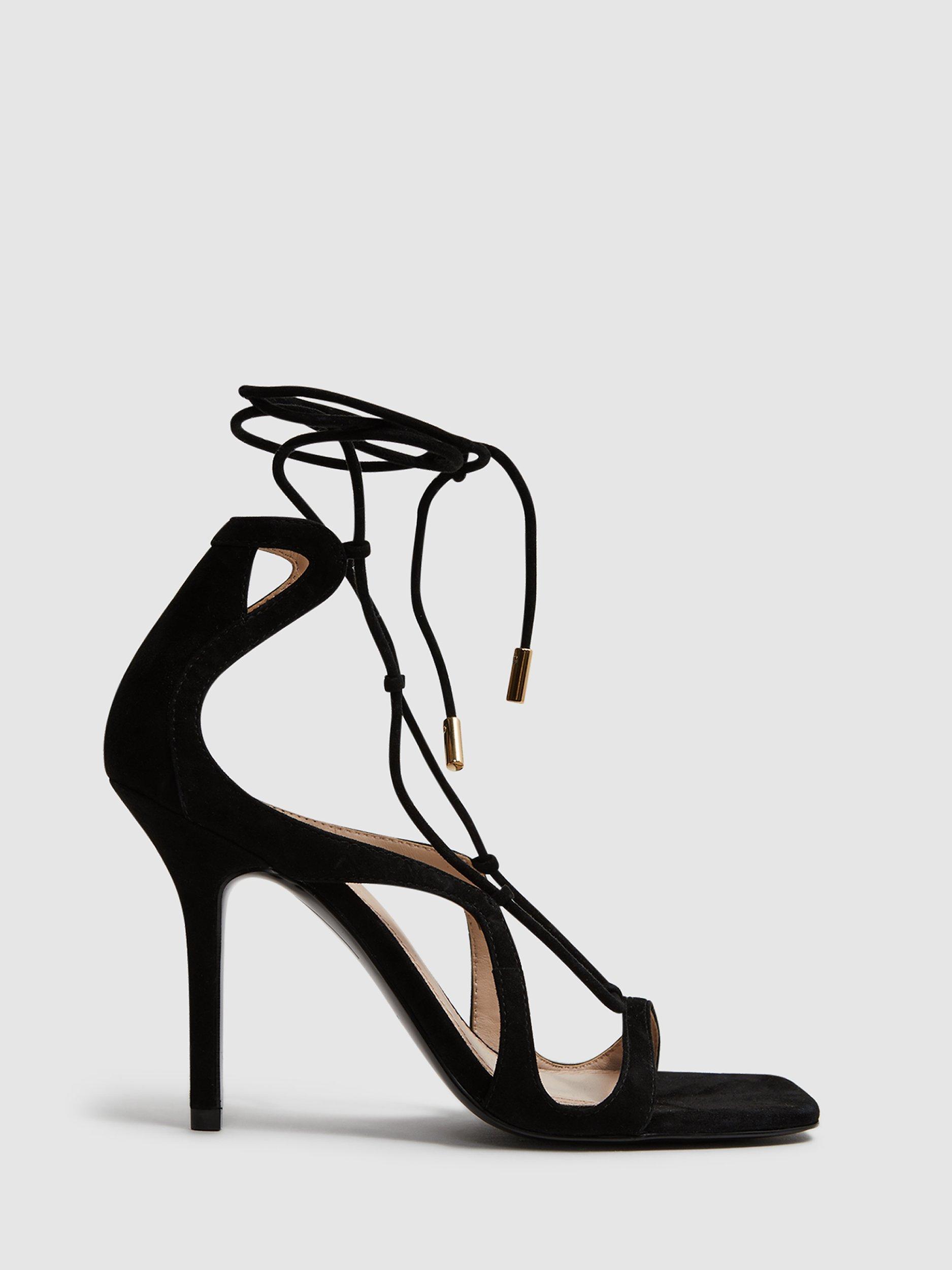 Reiss Kate Cross Strap High Heel Suede Sandals, Black