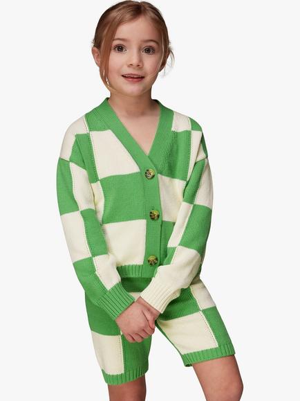 Whistles Kids' Check Button Cardigan, Green/Off White, Green/Multi
