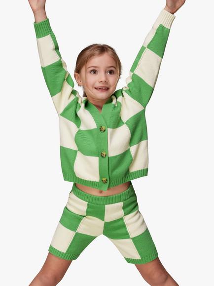 Whistles Kids' Check Button Cardigan, Green/Off White - view 2, Green/Multi