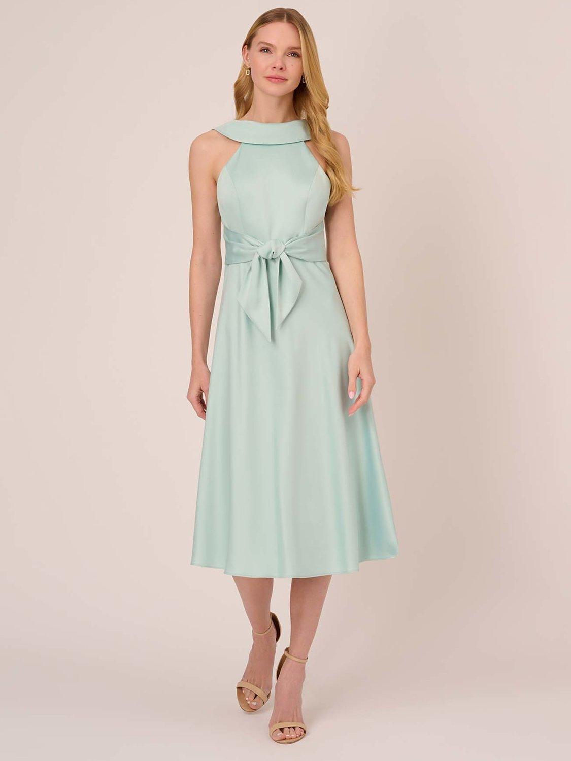 Adrianna Papell Satin Crepe Roll Collar Flared Dress, Mint Smoke