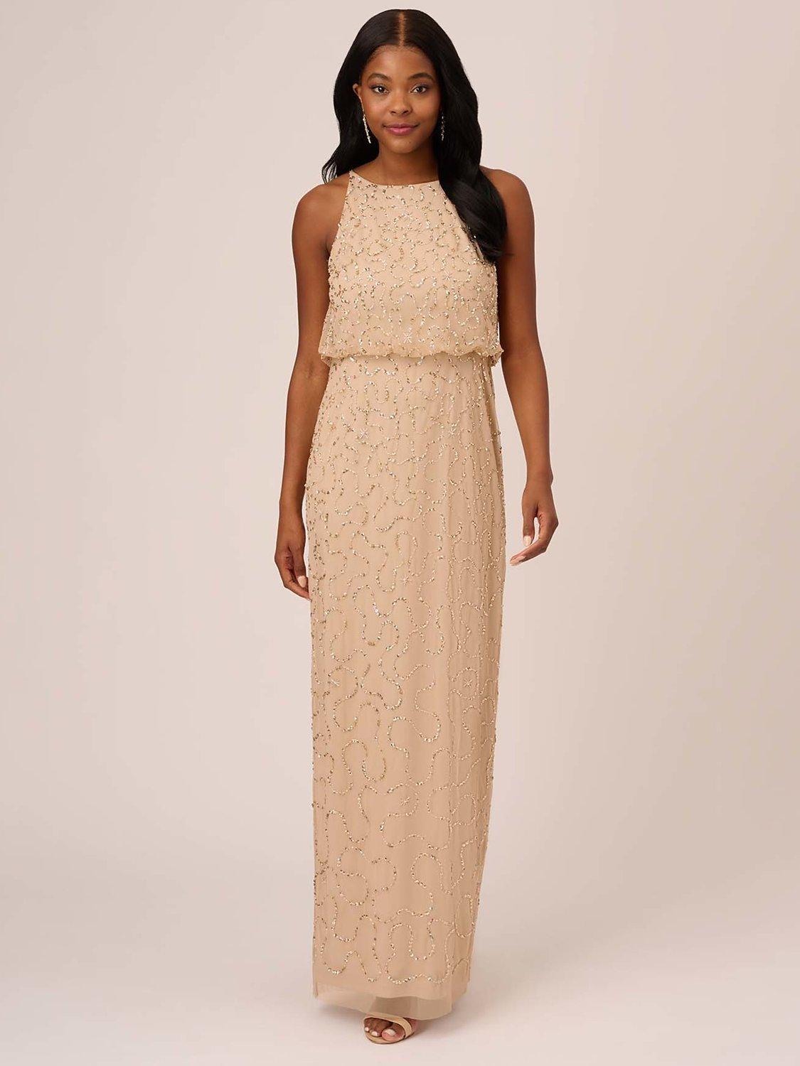 Adrianna Papell Studio Beaded Halter Neck Maxi Dress, Champagne/Gold