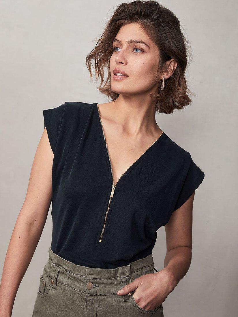 Mint Velvet Zipped T-Shirt, Grey Dark, L