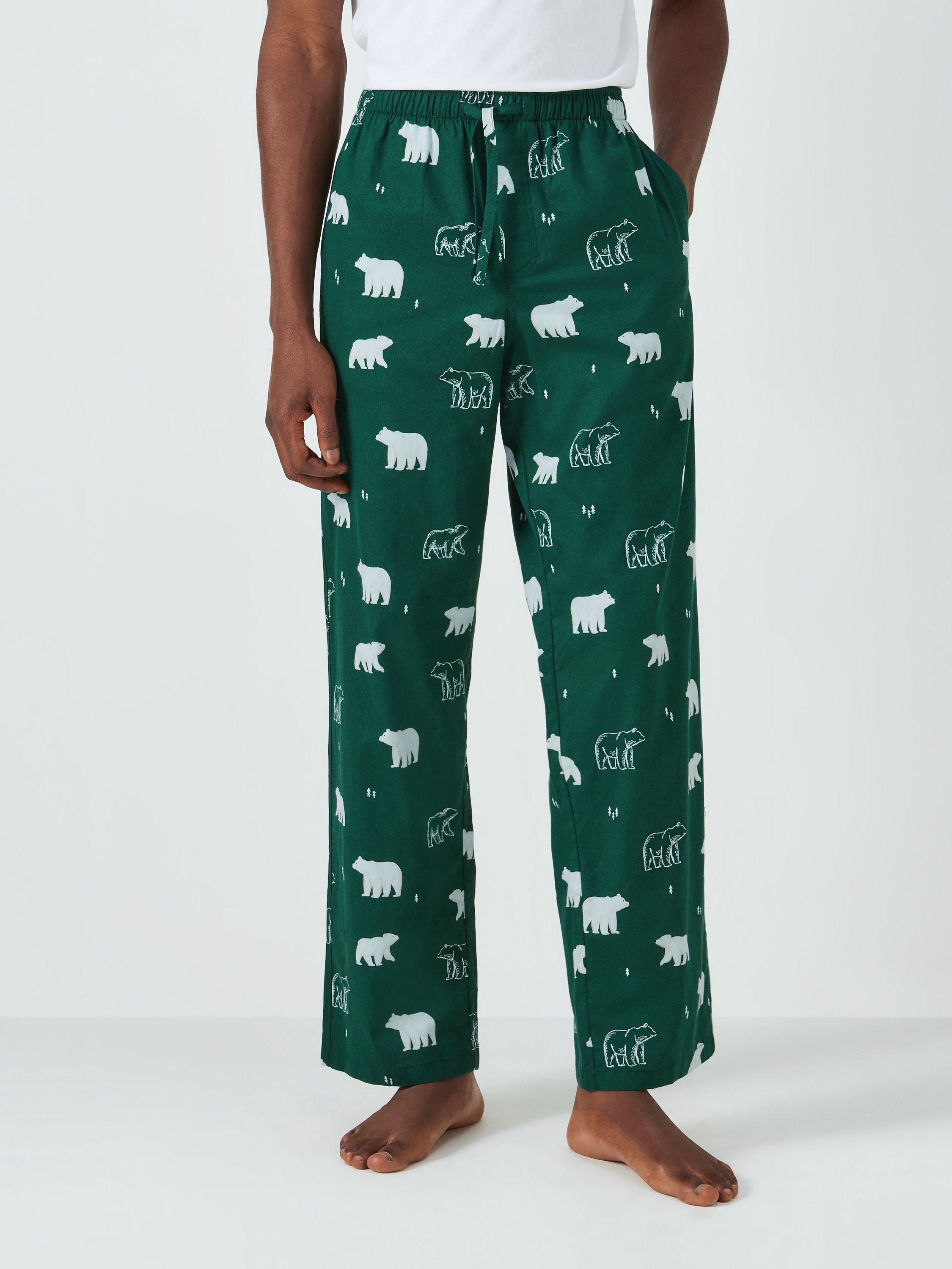 John Lewis Organic Cotton Christmas Bear Print Lounge Pants, Green/White