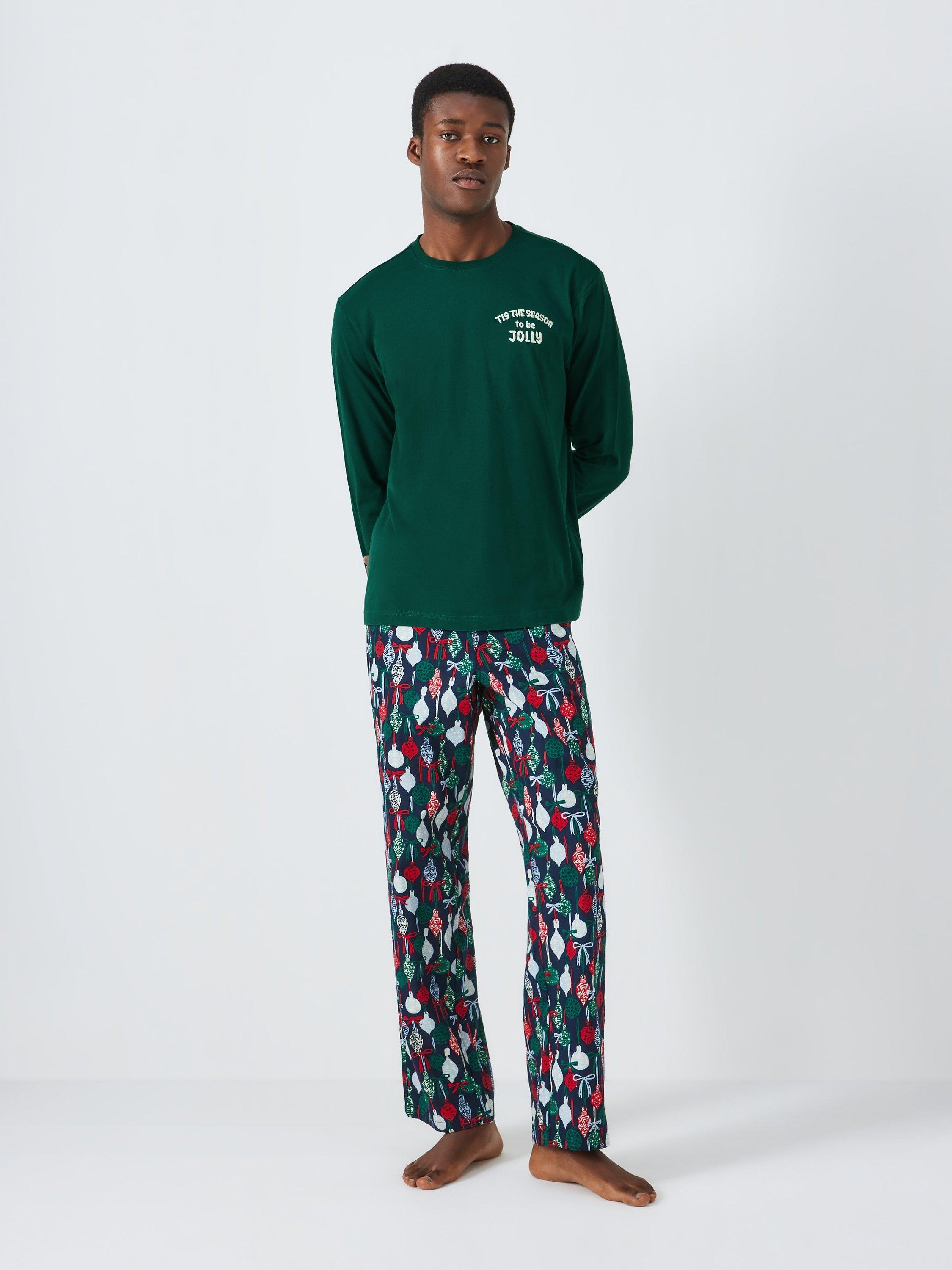 John Lewis Organic Cotton Christmas Baubles Long Sleeve Jersey Lounge Set, Green/Multi