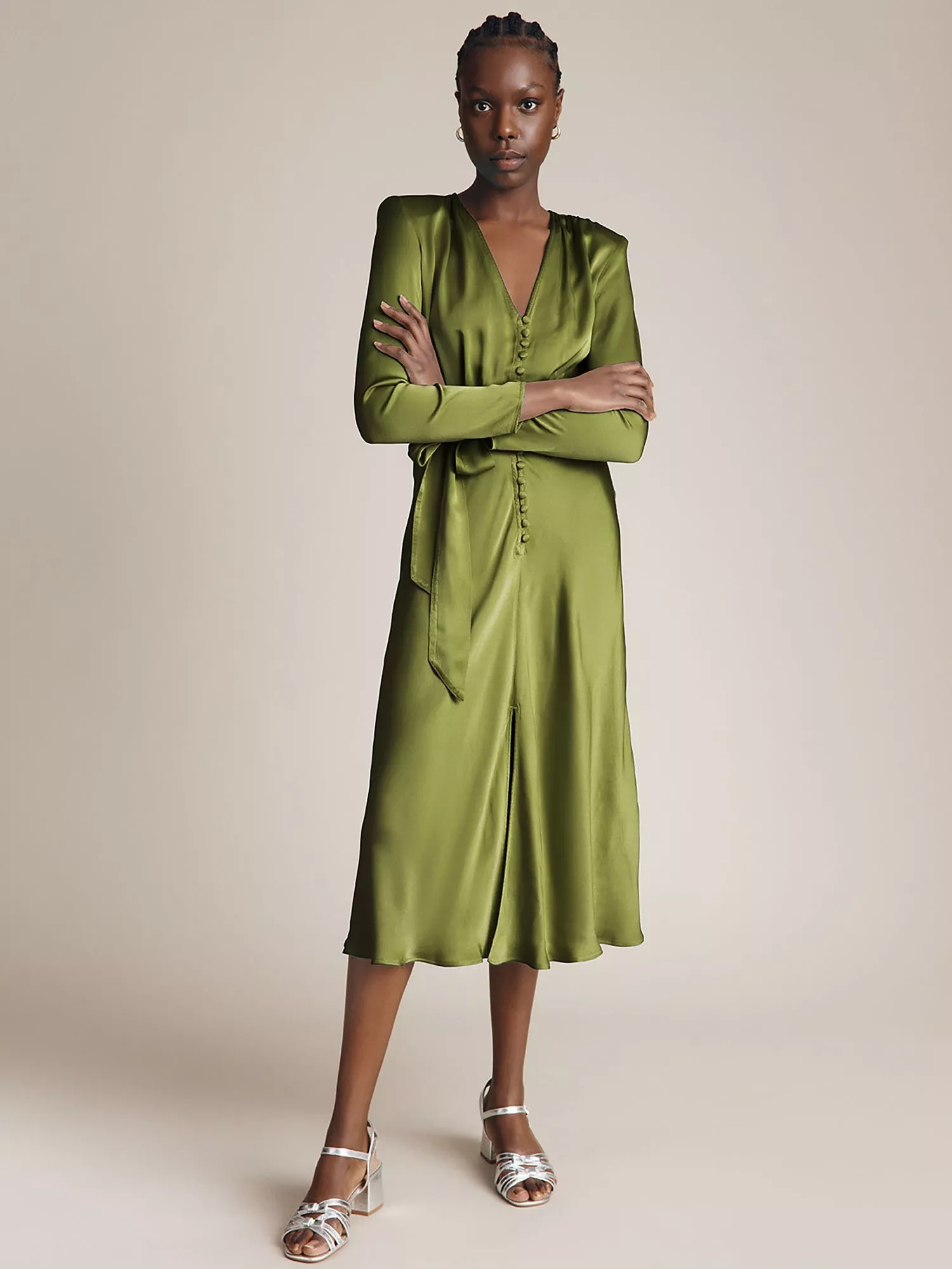 ghost meryl dress green Ghost Meryl Satin Midi Dress