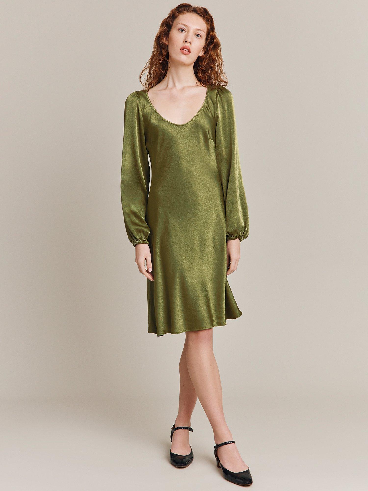 Ghost Josephine Bias Cut Satin Dress, Olive