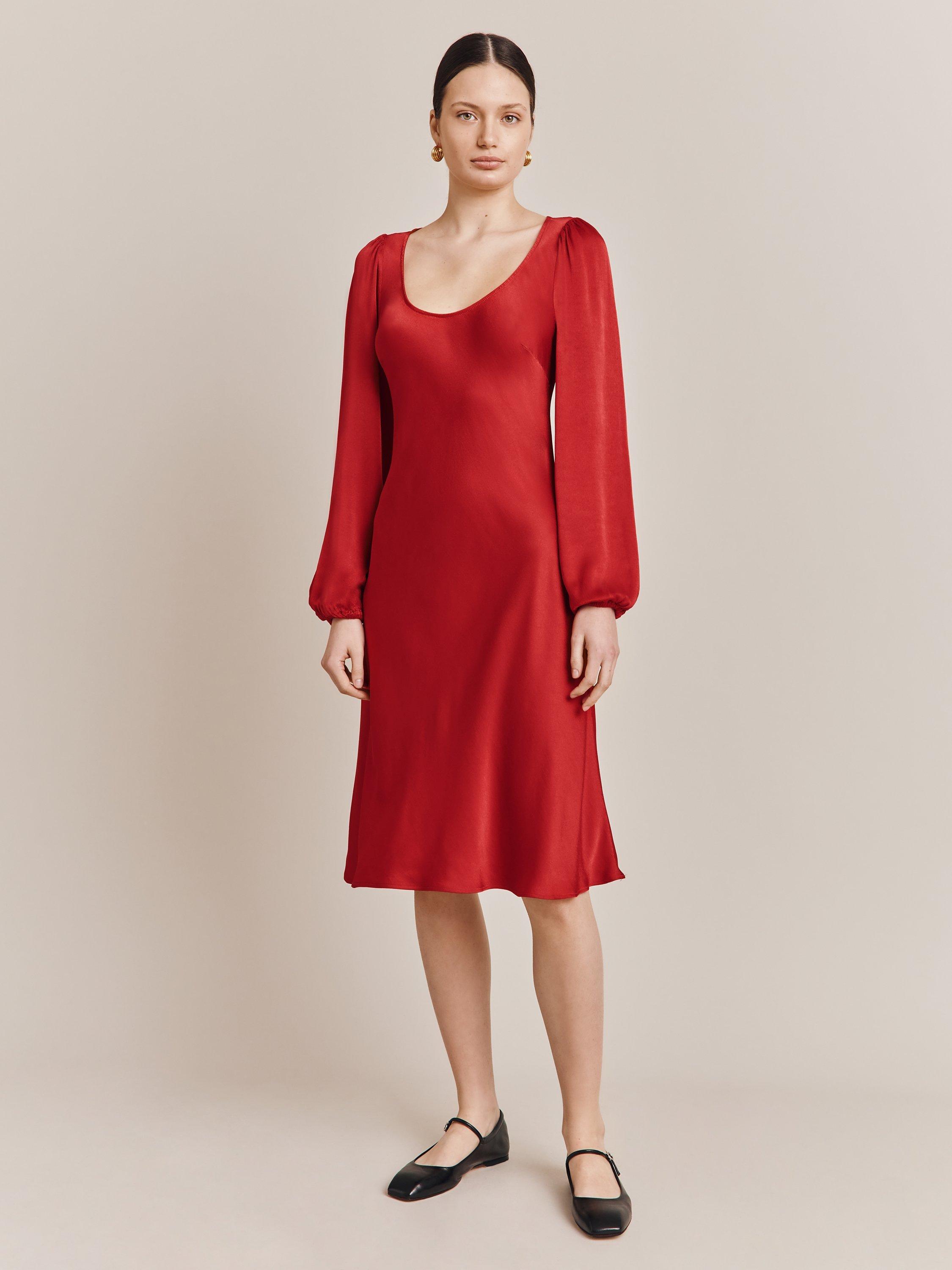 Ghost Josephine Bias Cut Satin Dress, Carmine