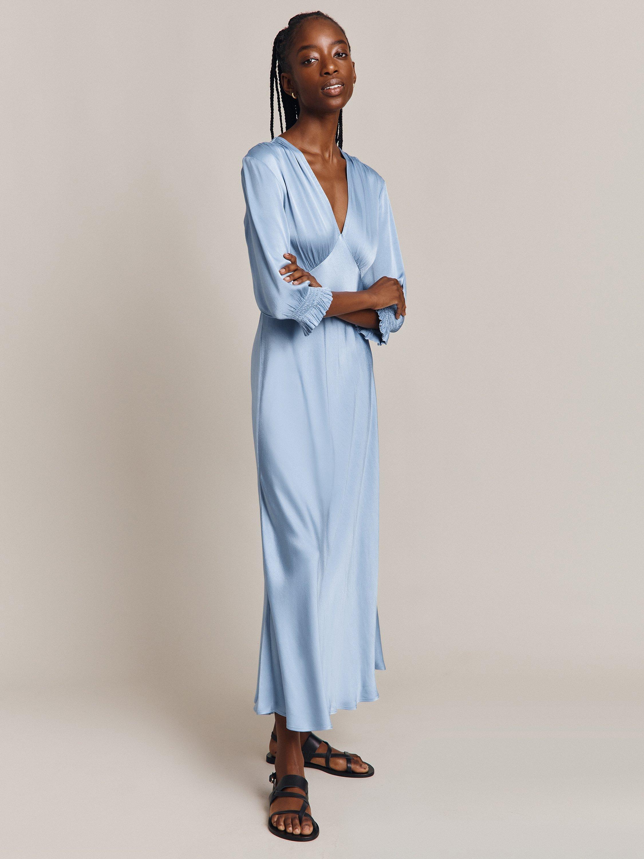 Ghost Elle Satin Midi Dress, Soft Blue