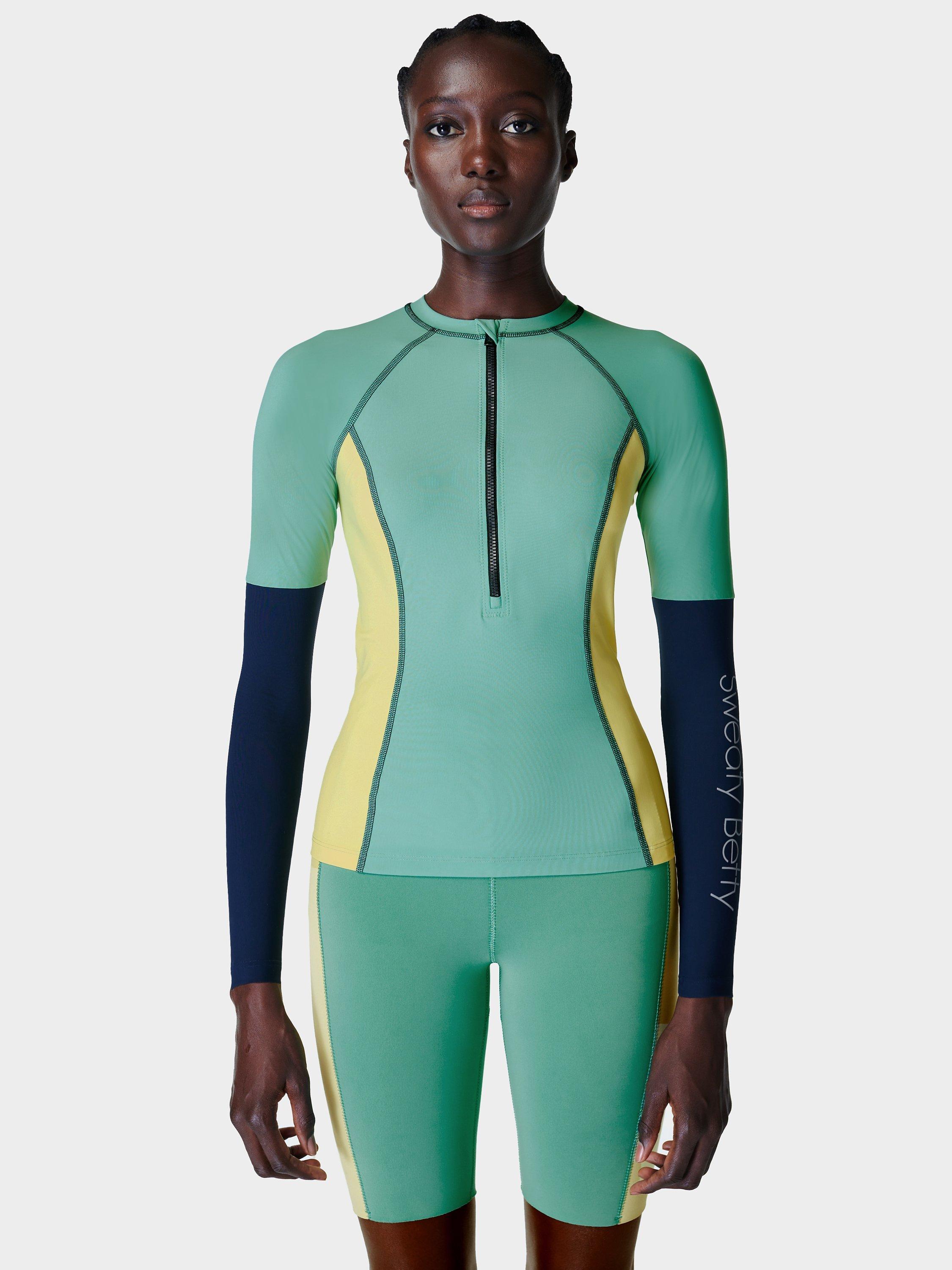 Sweaty Betty Seascape X Life Long Sleeve Swim Top, Spectrum Green Colour Block