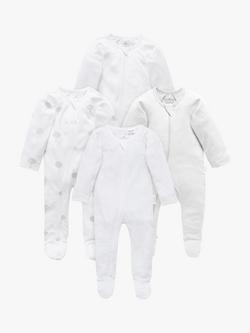 Purebaby Organic Cotton Essential Zip Front Growsuit, Pack of 4, Grey Melange, Grey Melange