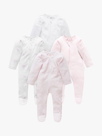 Purebaby Organic Cotton Essential Zip Front Growsuit, Pack of 4, Pink Melange, Pink Melange