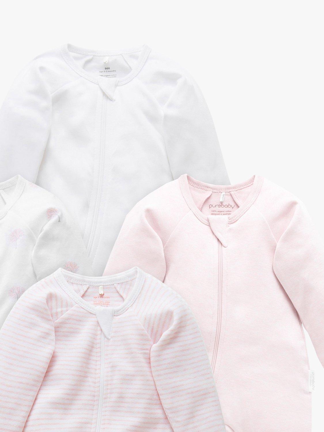 Purebaby Organic Cotton Essential Zip Front Growsuit, Pack of 4, Pink Melange, 3-6 months