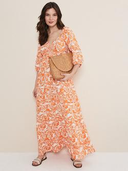 Phase Eight Damyana Floral Print Midi Dress, Orange/White, Orange/White