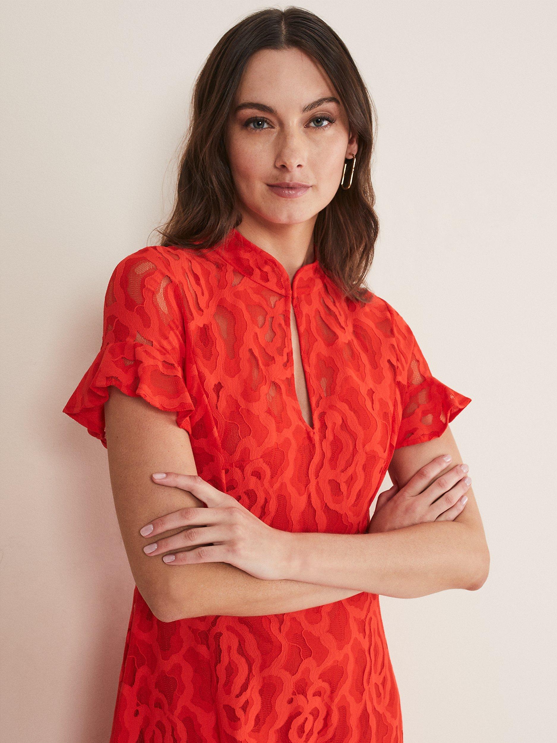 Product image 4 of 9, which shows Phase Eight Lulu Lace Dress, Fire, 18