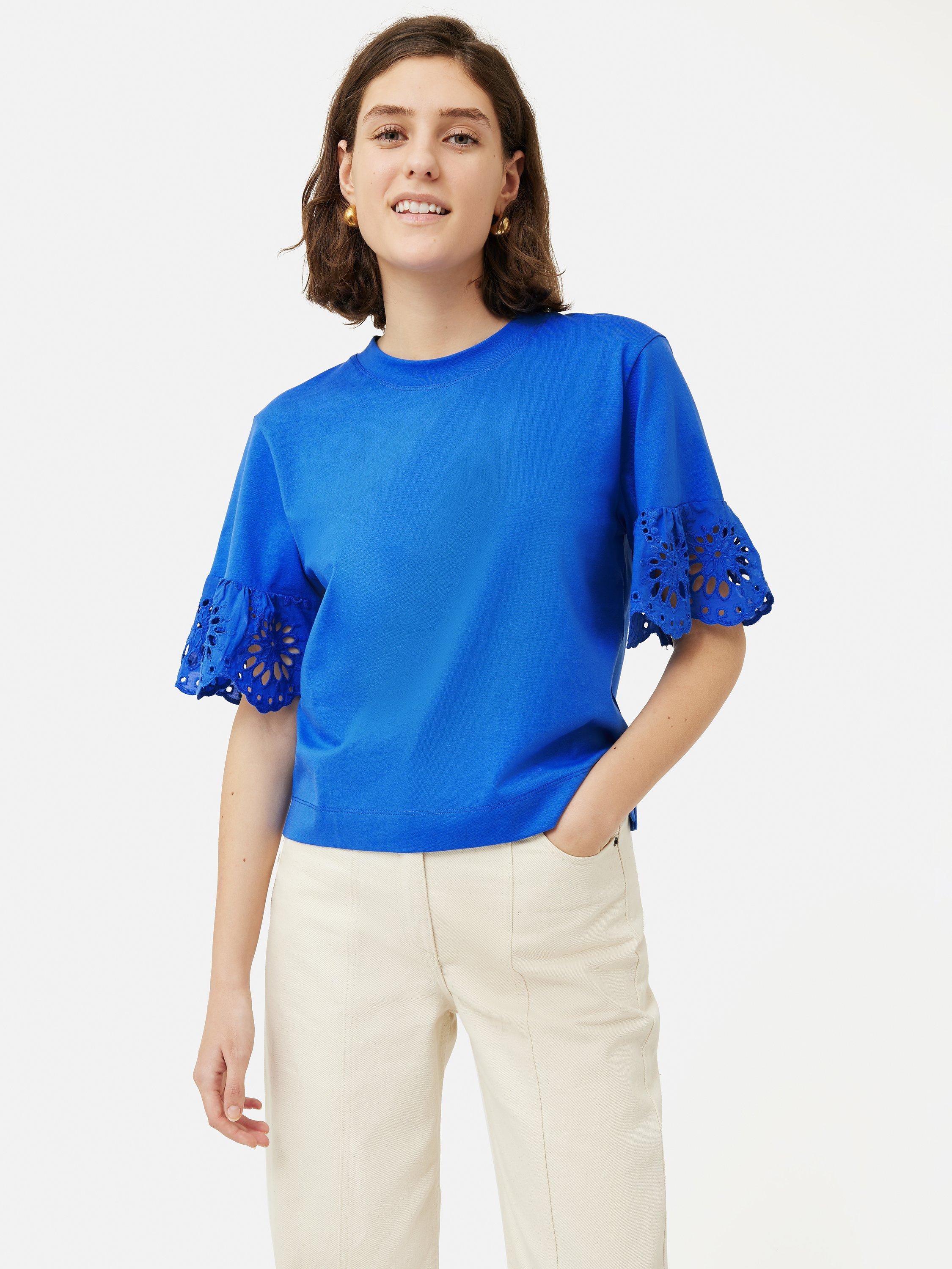 Jigsaw Broderie Anglaise Boxy T-Shirt, Blue