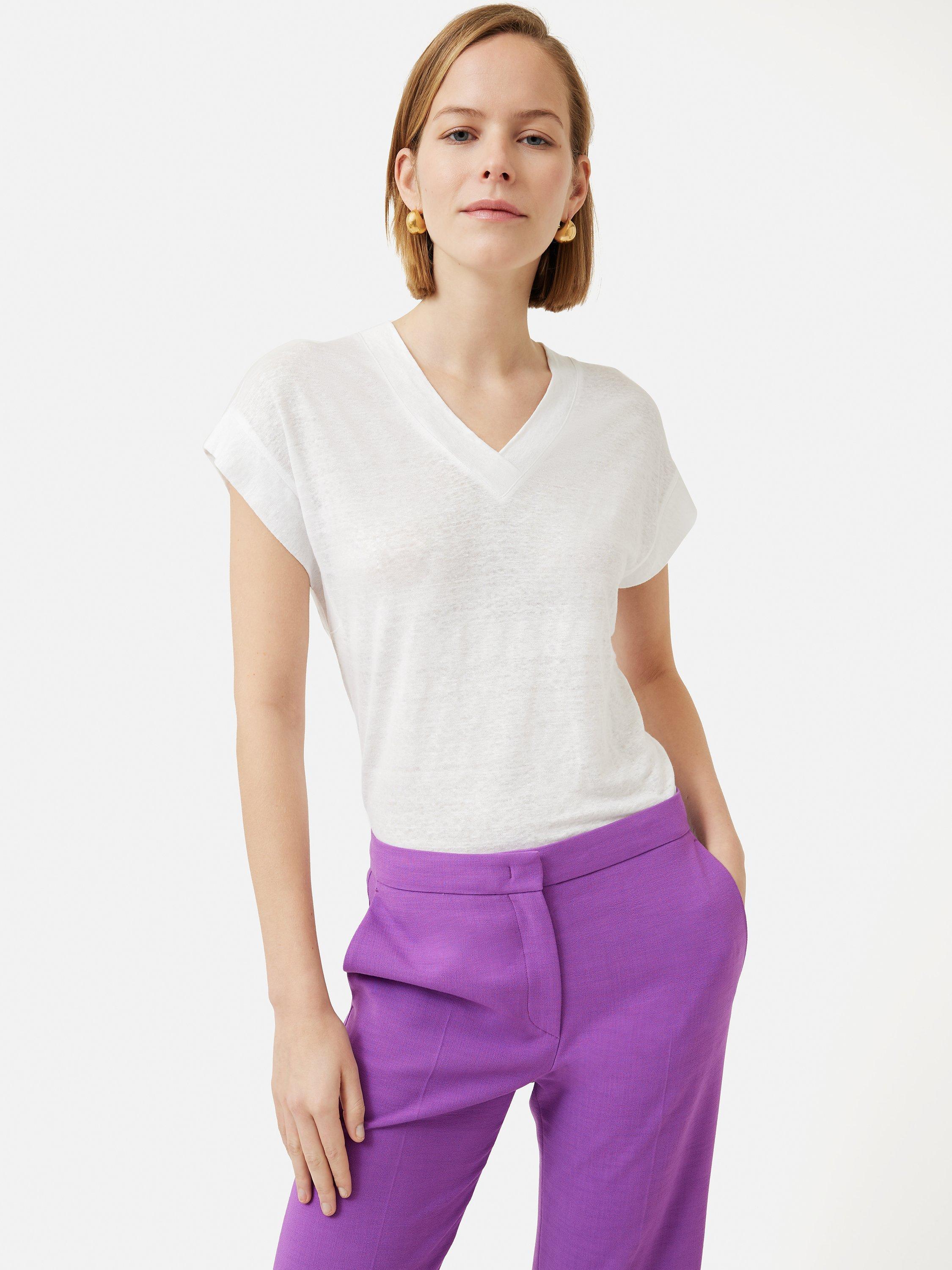 Jigsaw Linen Short Sleeve V-Neck T-Shirt, White