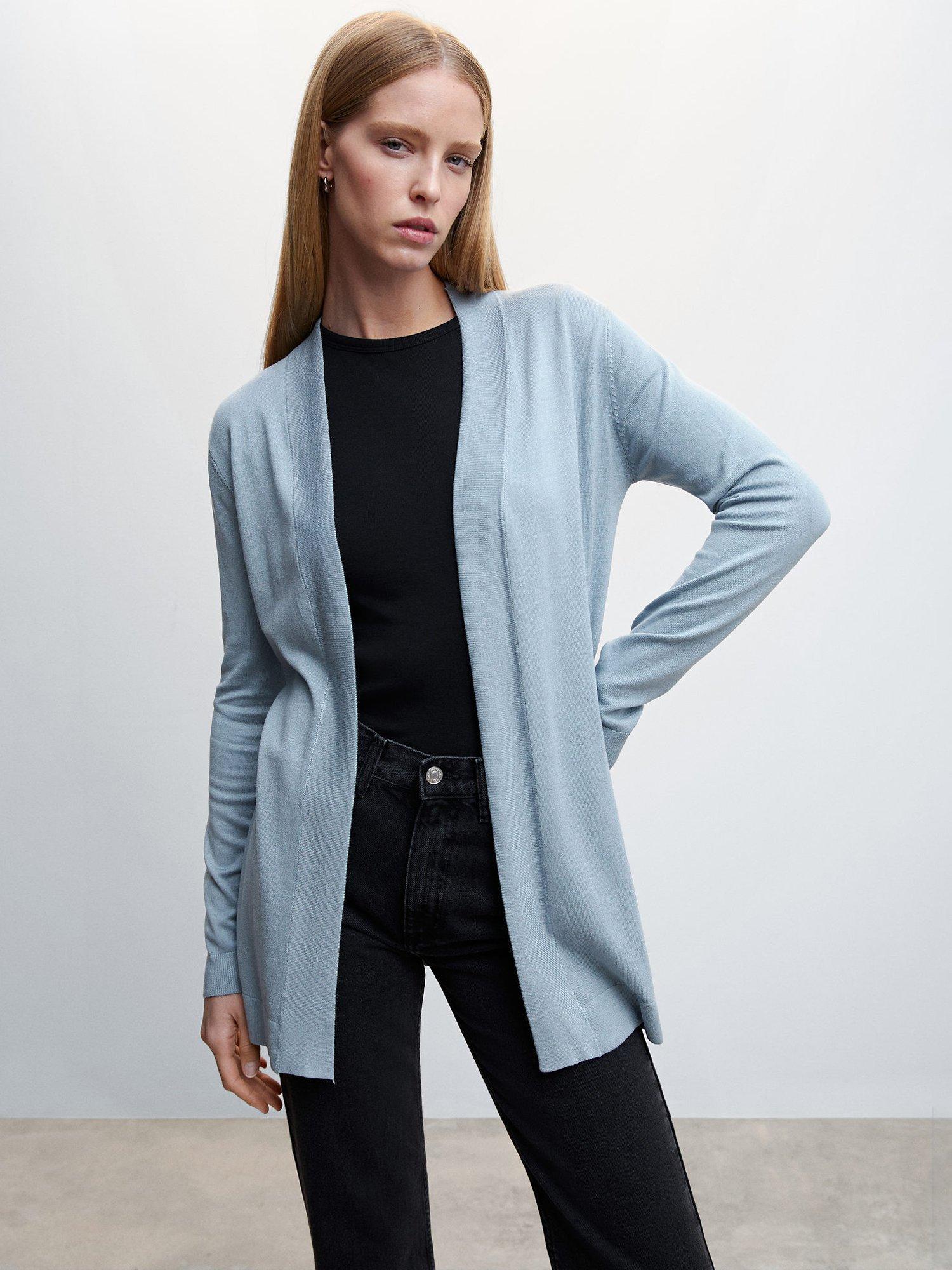 Mango Alma Longline Fine Knit Cardigan, Pastel Blue