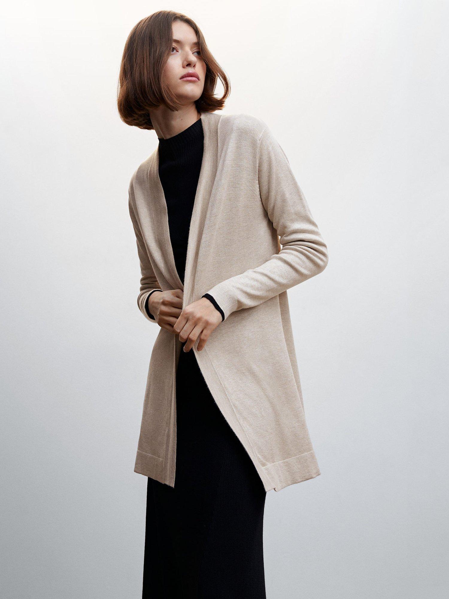 Mango Alma Longline Fine Knit Cardigan, Pastel Brown