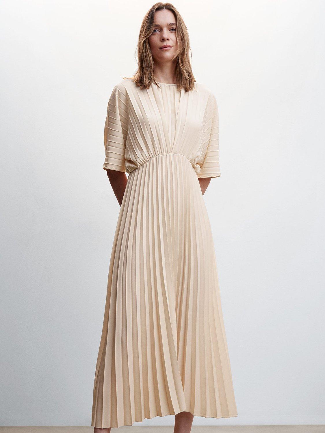 Mango Athens Pleated Dress, Natural White