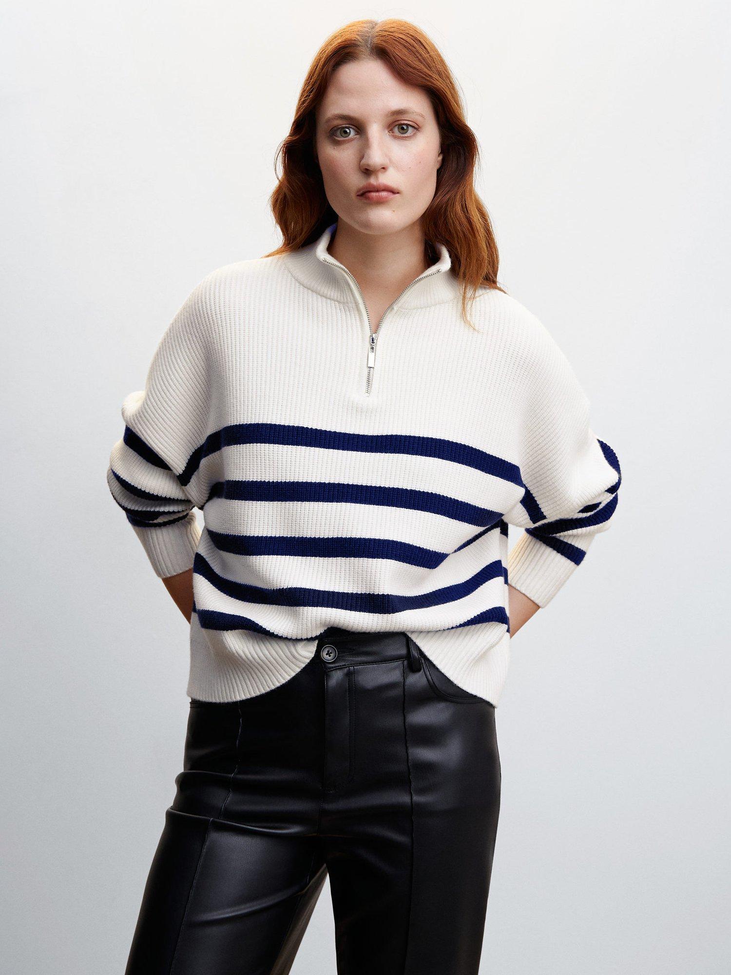 Mango Rizo Striped Zip Neck Jumper, Navy