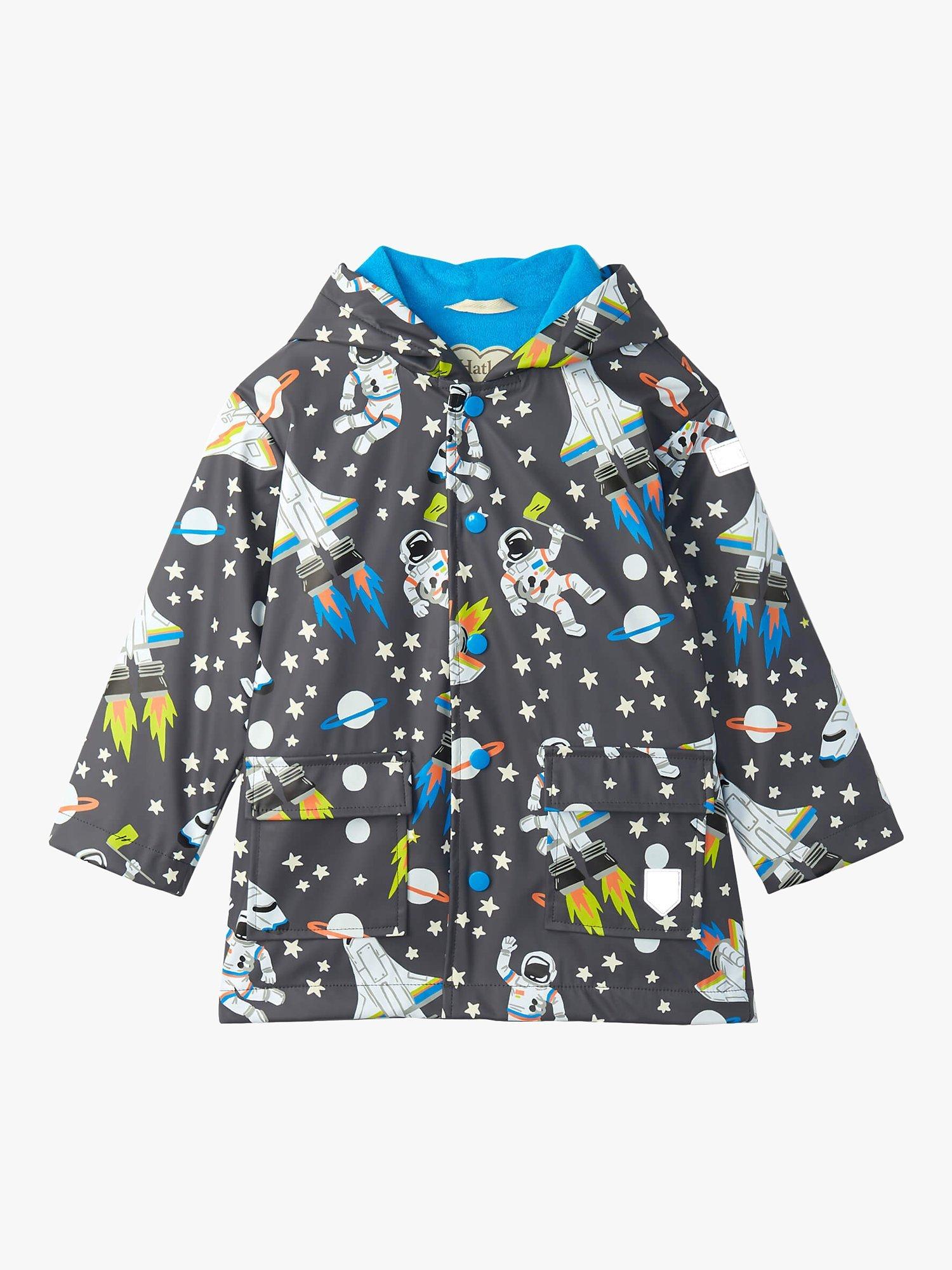 Hatley Kids' Colour Changing Space Print Rain Jacket, Grey Pinstripe