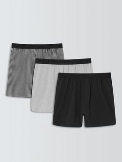 John Lewis ANYDAY Stretch Cotton Jersey Boxers, Pack of 3, Blk Grey Strp