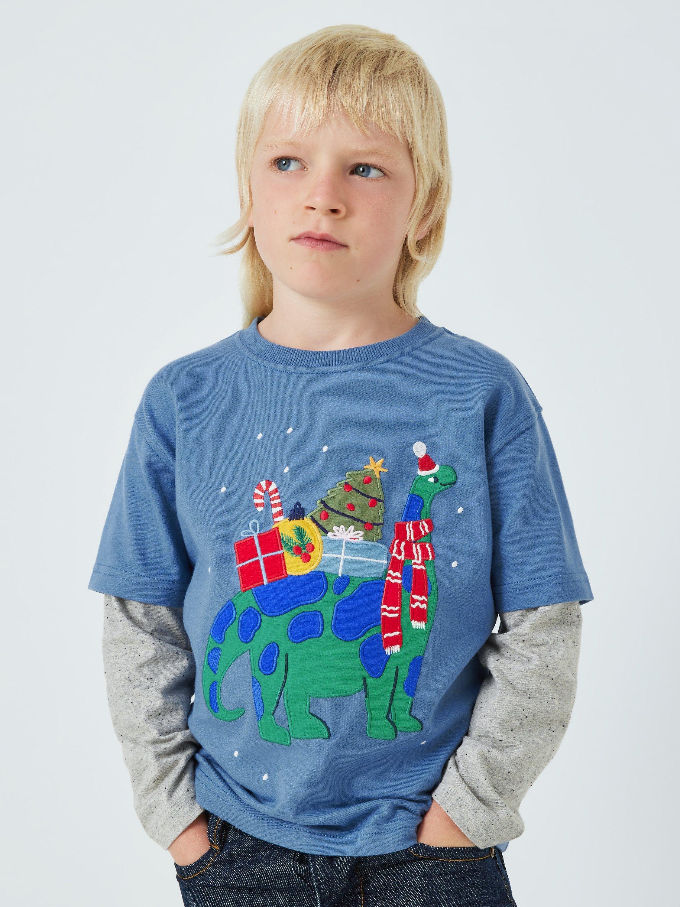John Lewis Kids' Christmas Dinosaur Mock Sleeve Top, Blue