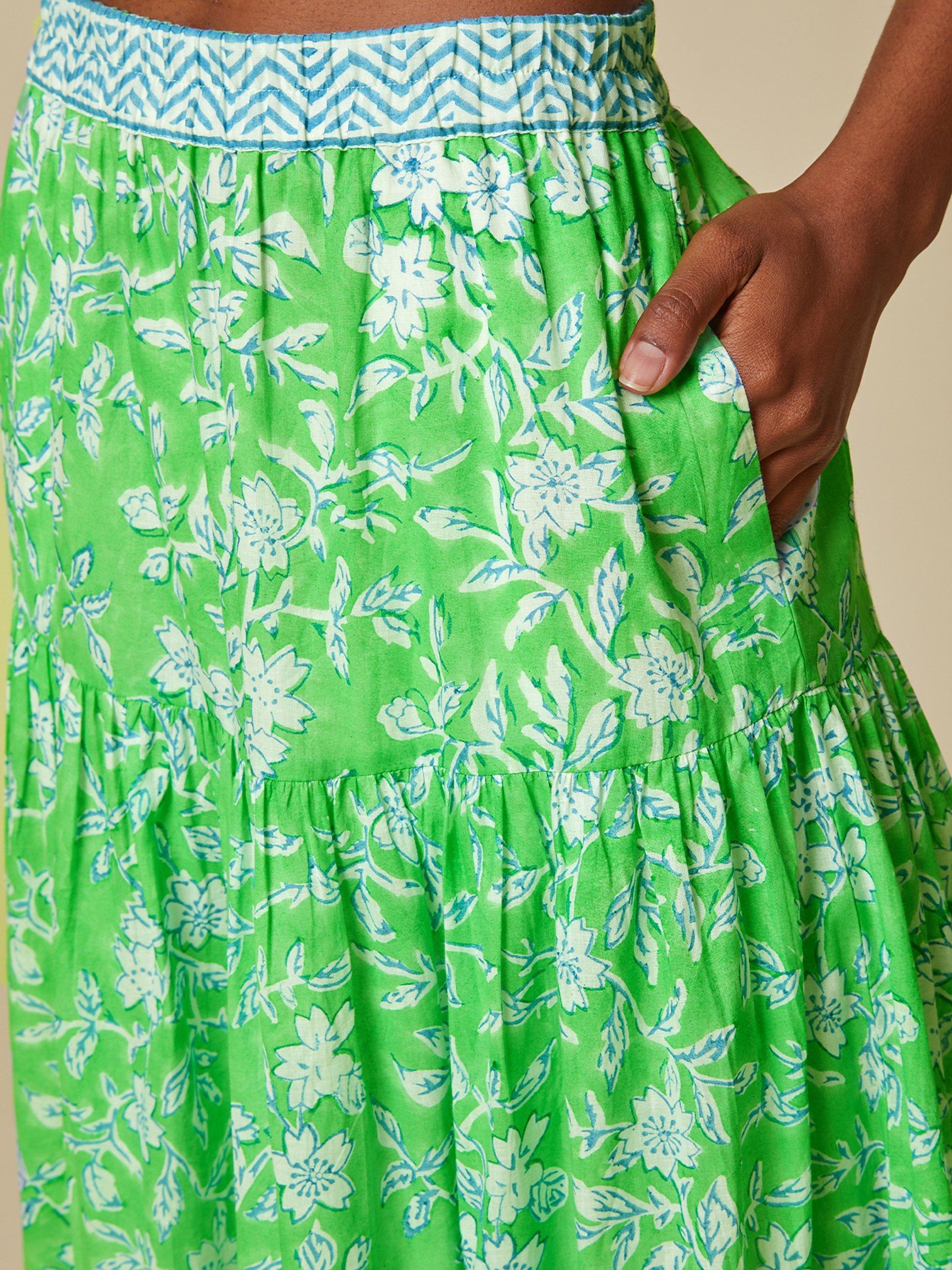Aspiga Block Print Tiered Maxi Skirt, Apple Green, L