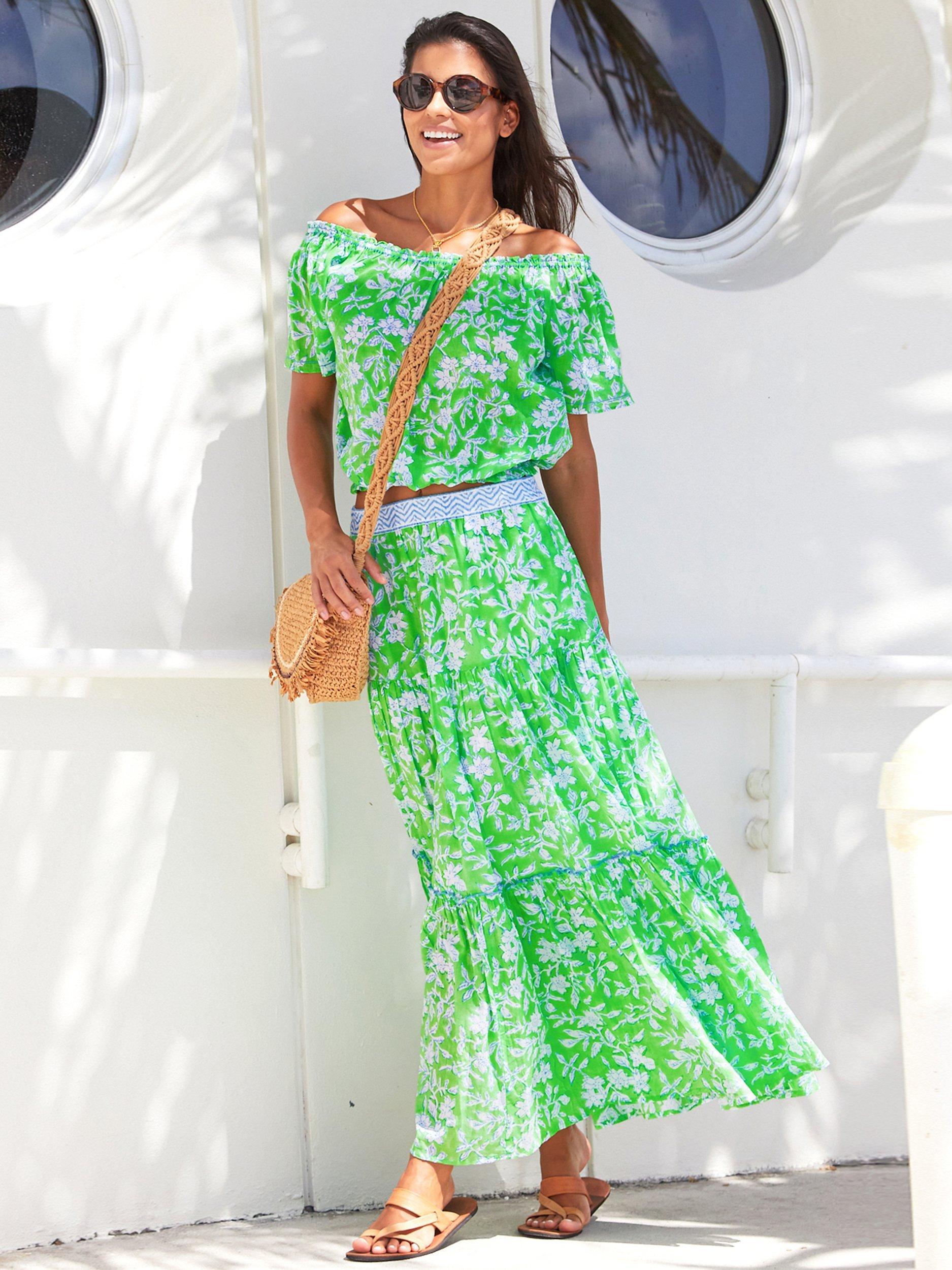 Aspiga Block Print Tiered Maxi Skirt, Apple Green, L