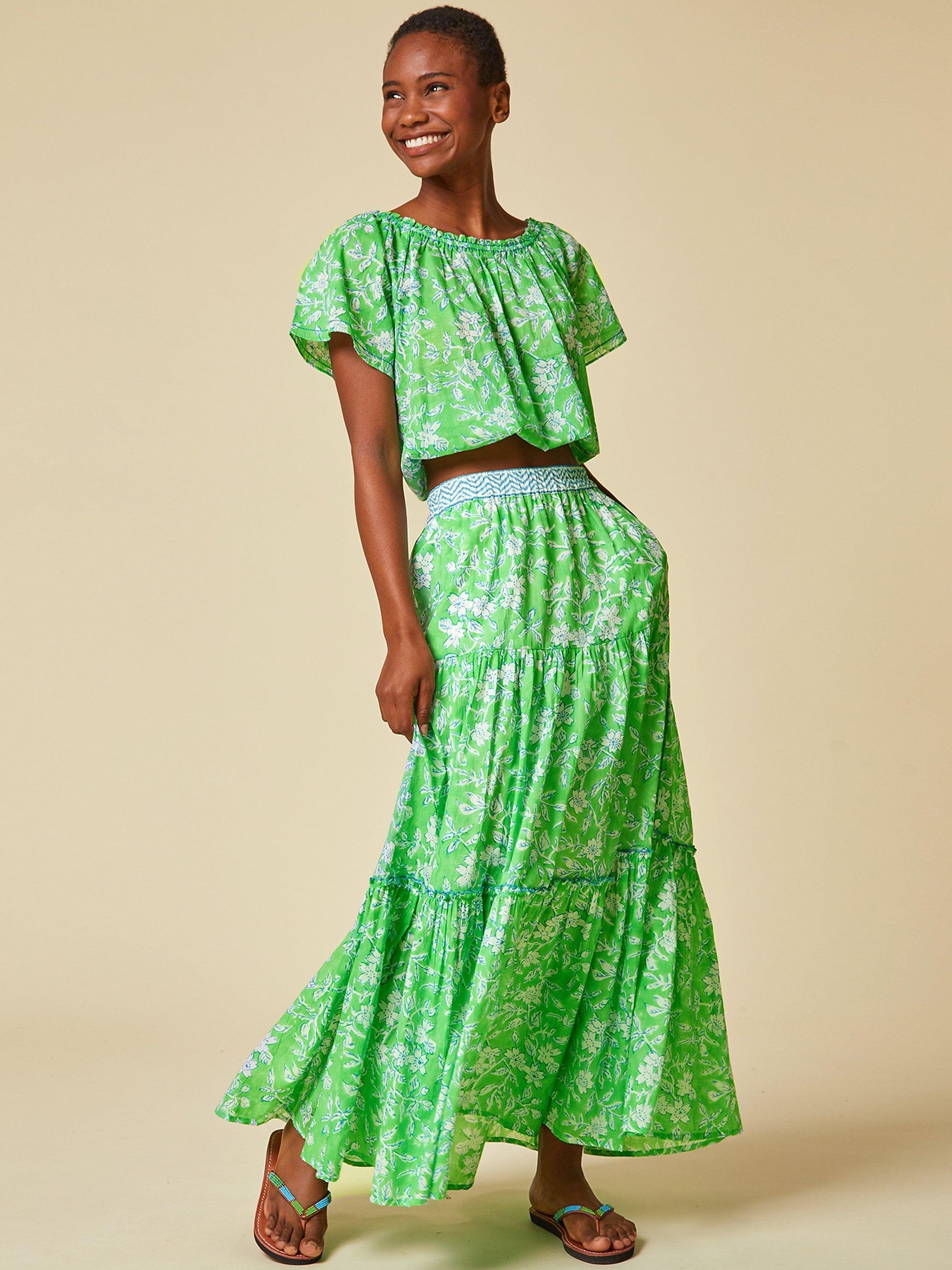 Aspiga Block Print Tiered Maxi Skirt, Apple Green, L