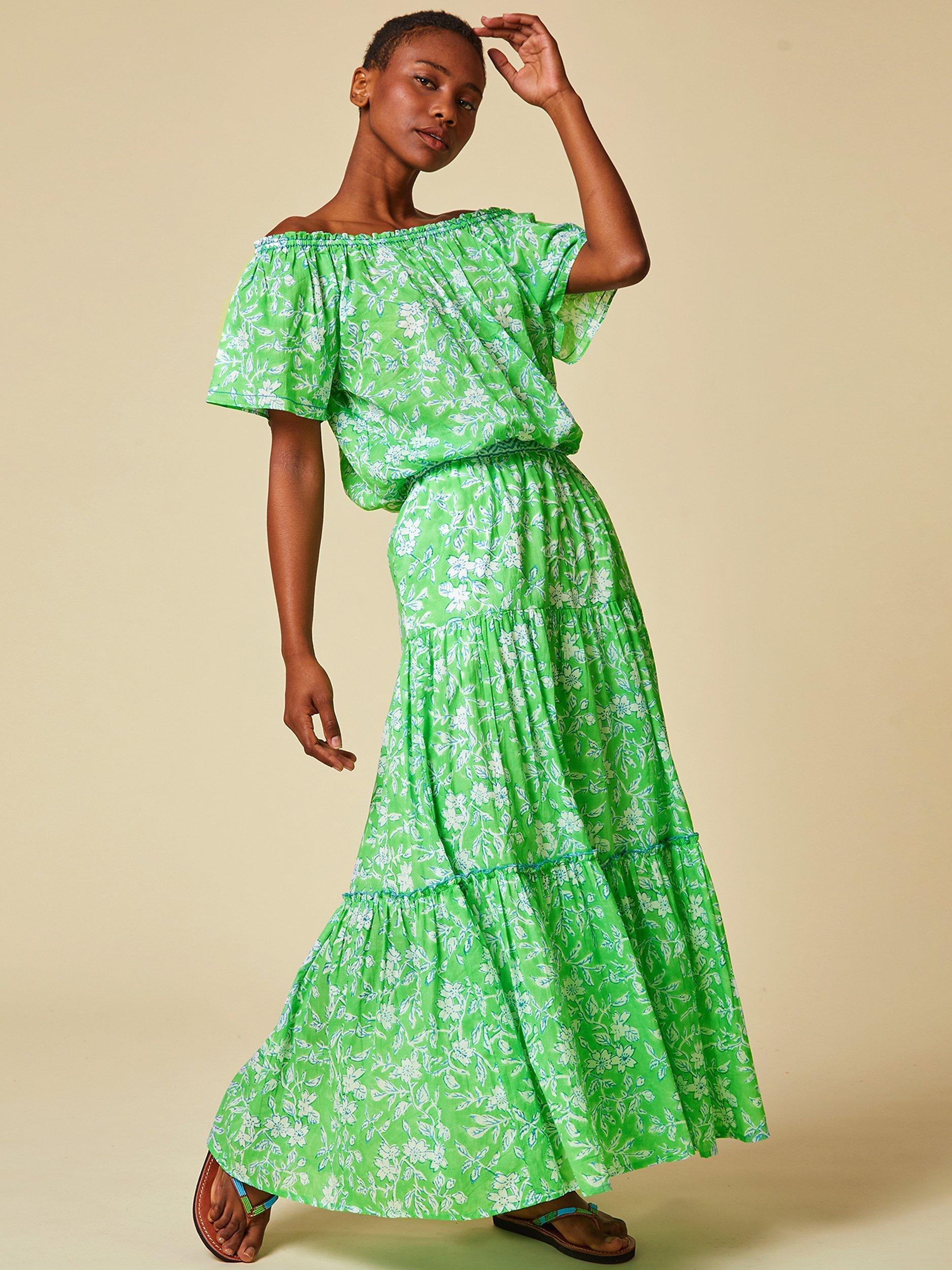 Aspiga Block Print Tiered Maxi Skirt, Apple Green, L