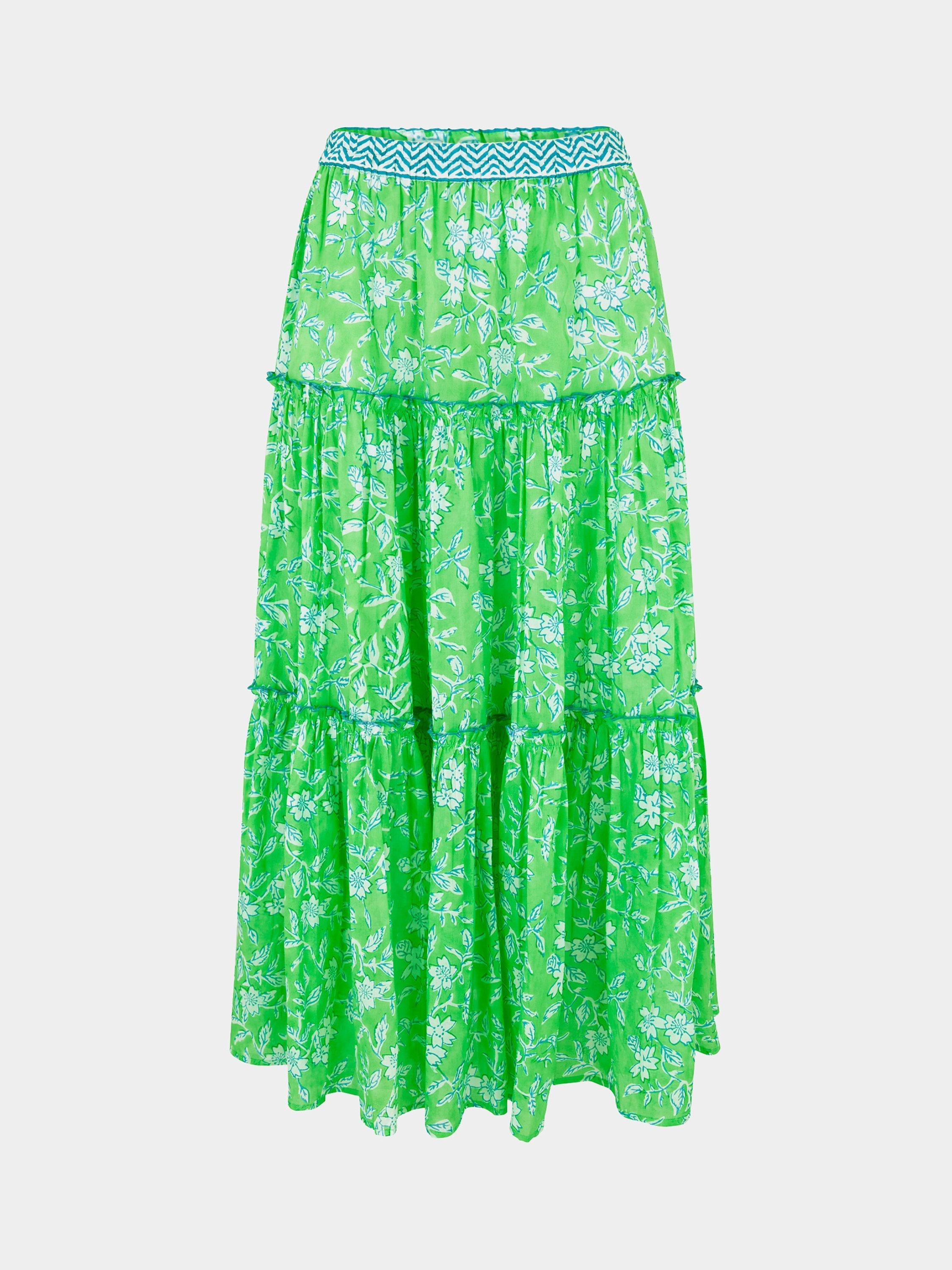 Aspiga Block Print Tiered Maxi Skirt, Apple Green, L