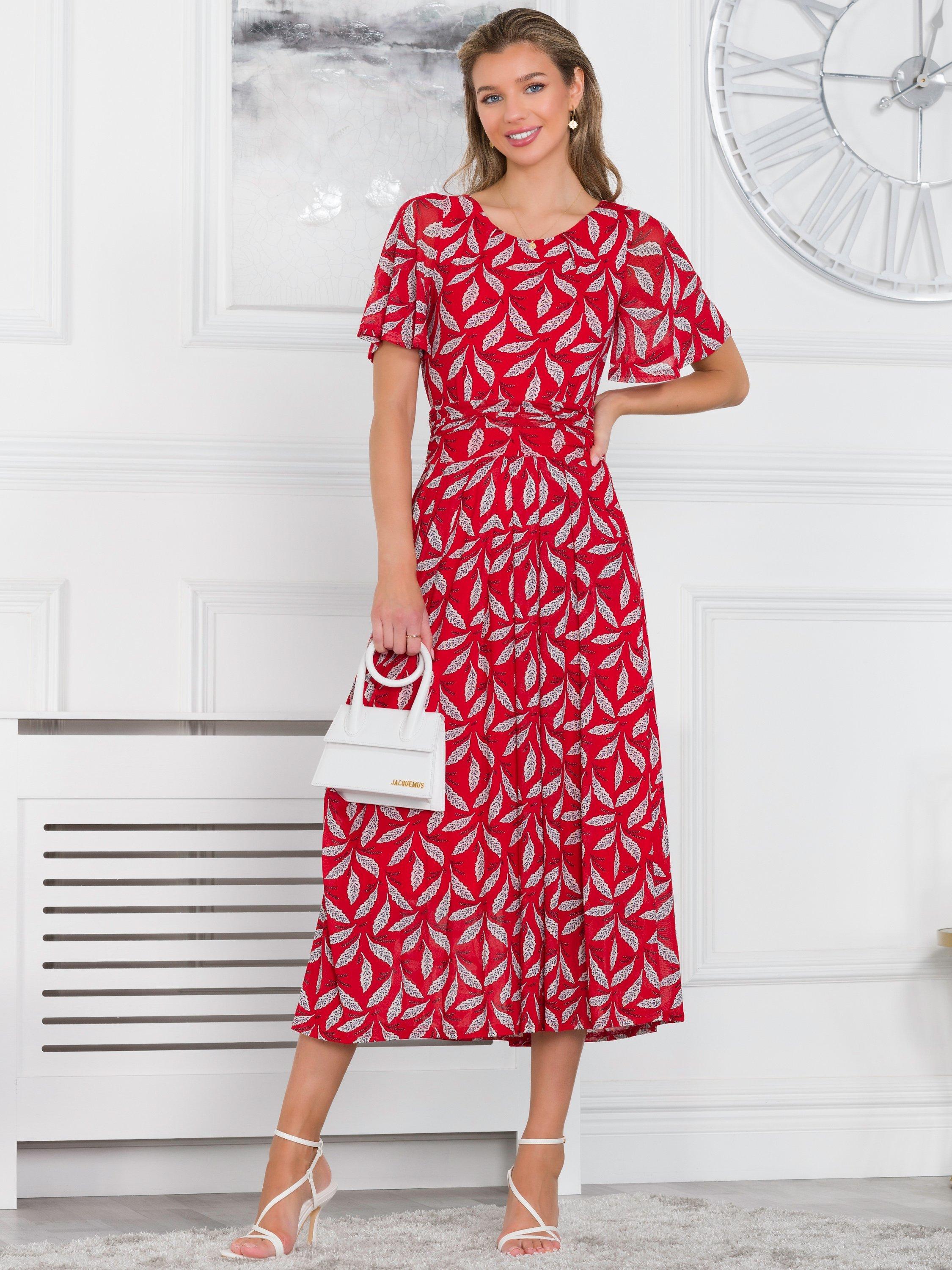 Jolie Moi Rayline Leaf Print Midi Dress, Red