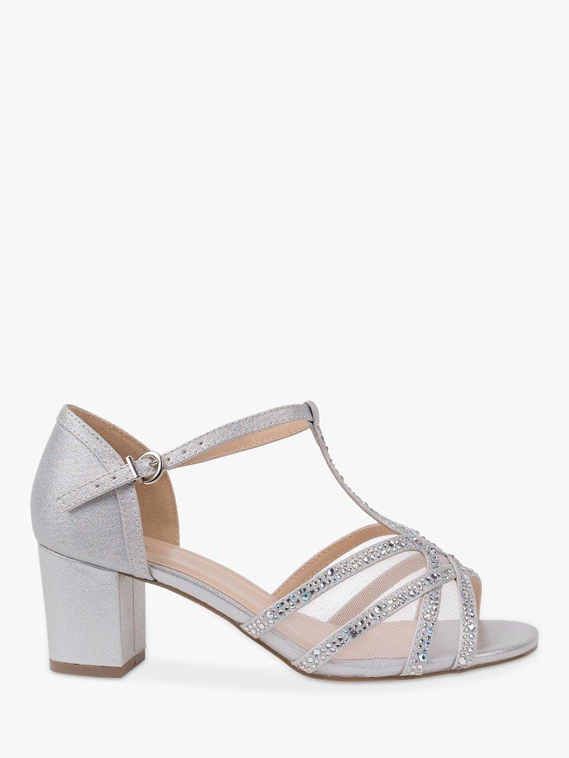 Product image 1 of 5, which shows Paradox London Tuba Shimmer Wide Fit Block Heel Sandals, Silver, 7W