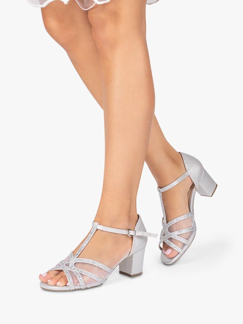 Product image 2 of 5, which shows Paradox London Tuba Shimmer Wide Fit Block Heel Sandals, Silver, 7W