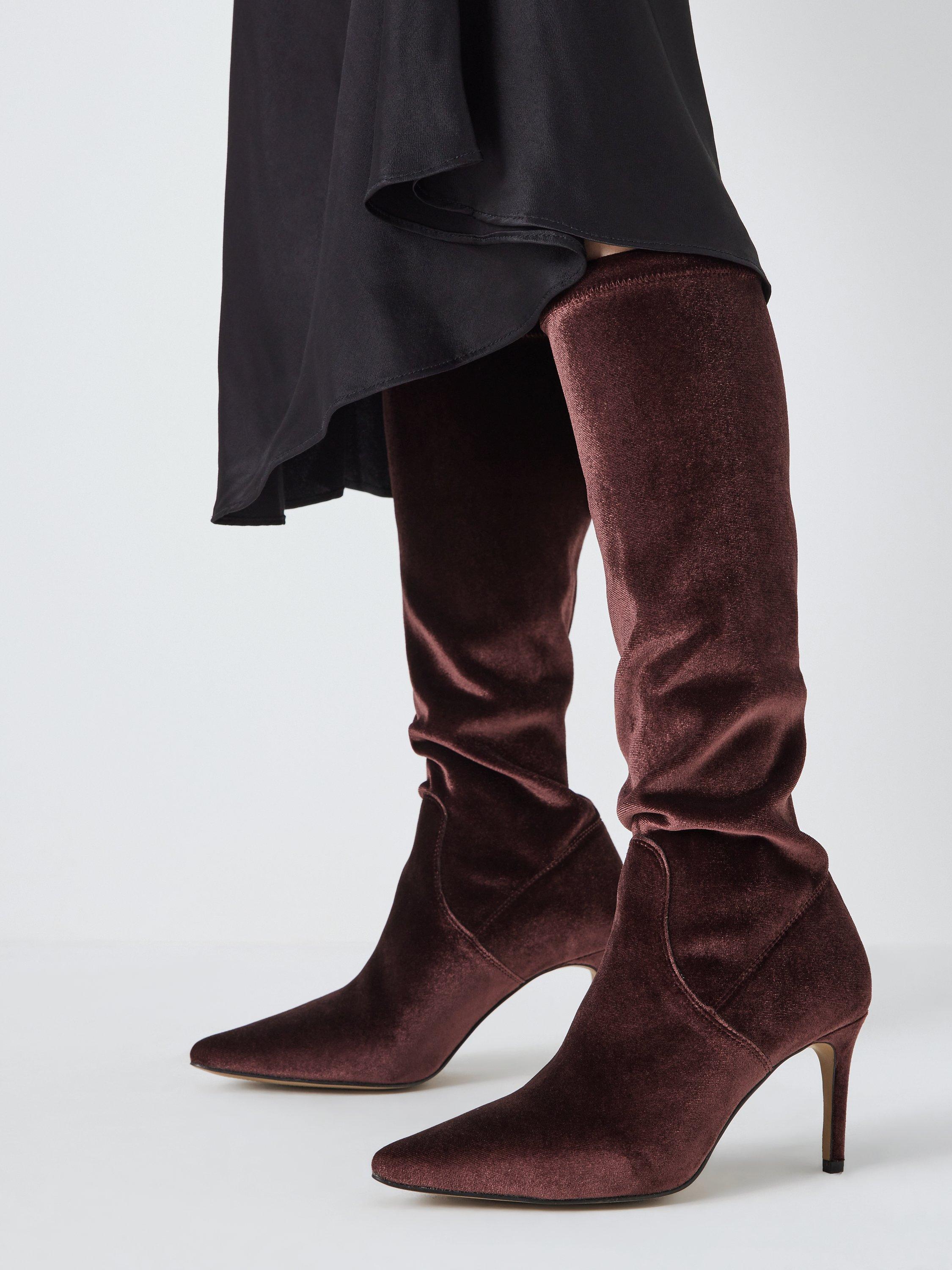 John Lewis Sugarpuff Faux Velvet Stretch Stiletto Heel Long Boots Wine