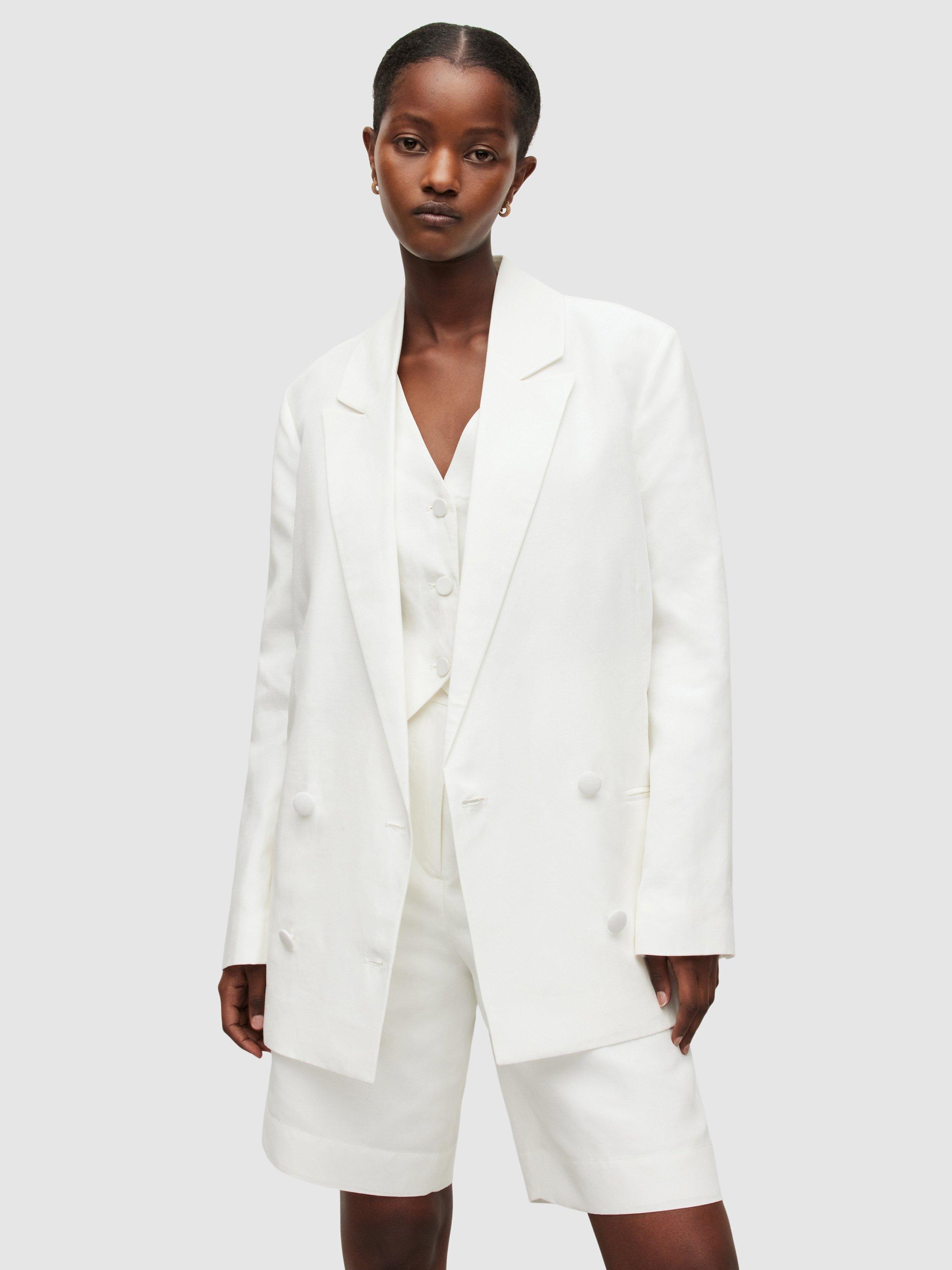 AllSaints Petra Double Breasted Linen Blend Blazer, Off White