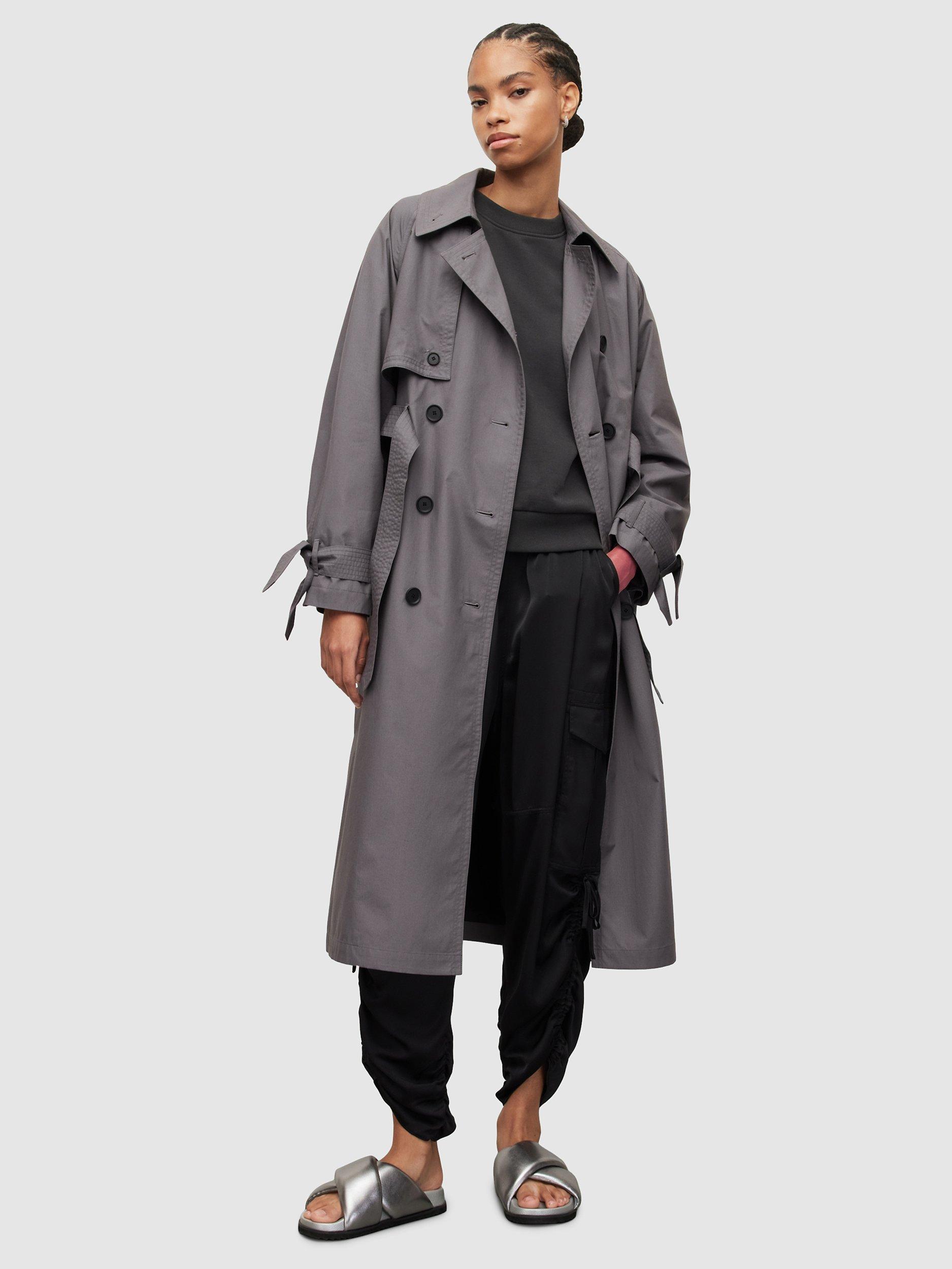 AllSaints Elltee Organic Cotton Double Breasted Trench Coat, Grey
