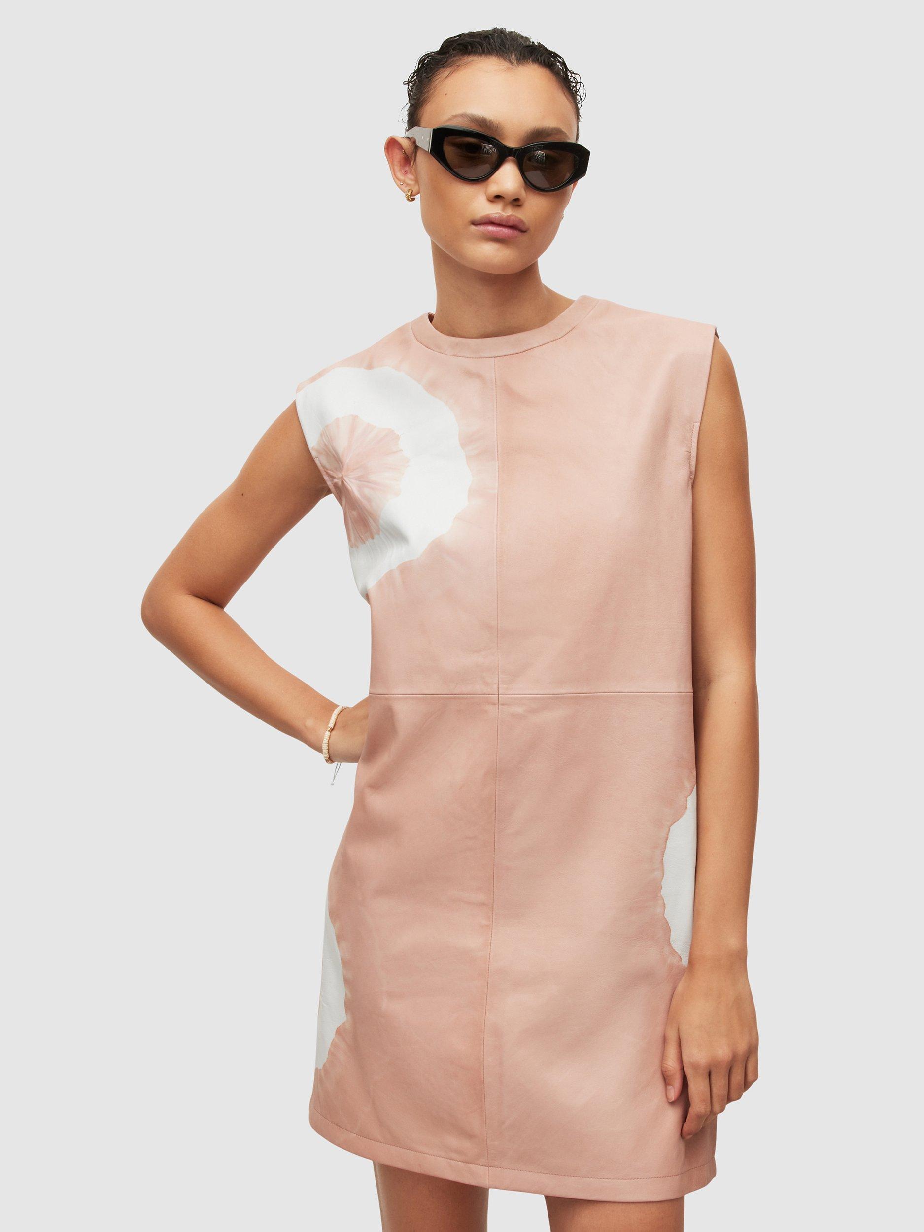 AllSaints Mika Leather Tie Dye Mini Dress, Dusty Pink