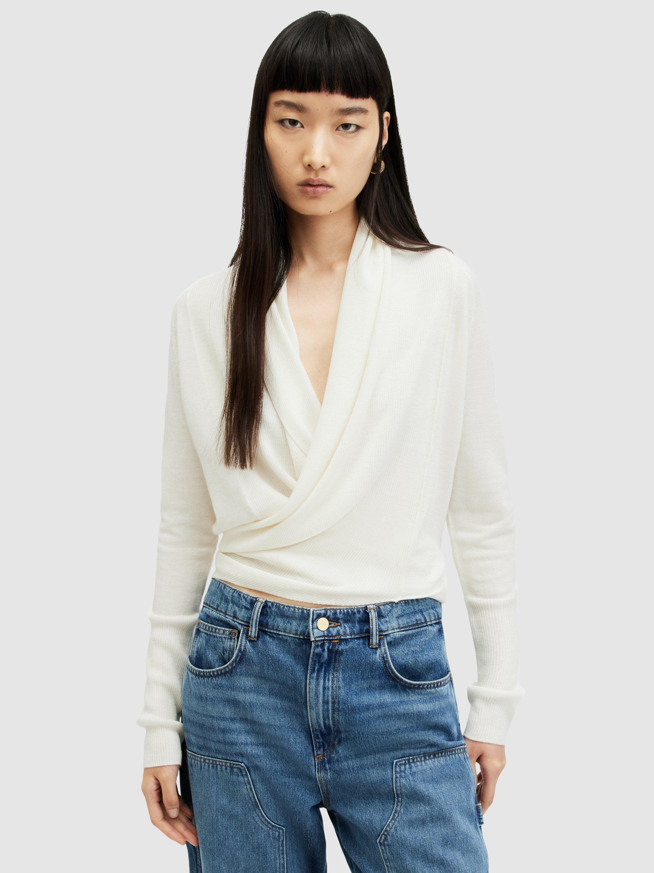 Product image 6 of 9, which shows AllSaints Wasson Pirate Wrap Wool Cardigan, Chalk White, S