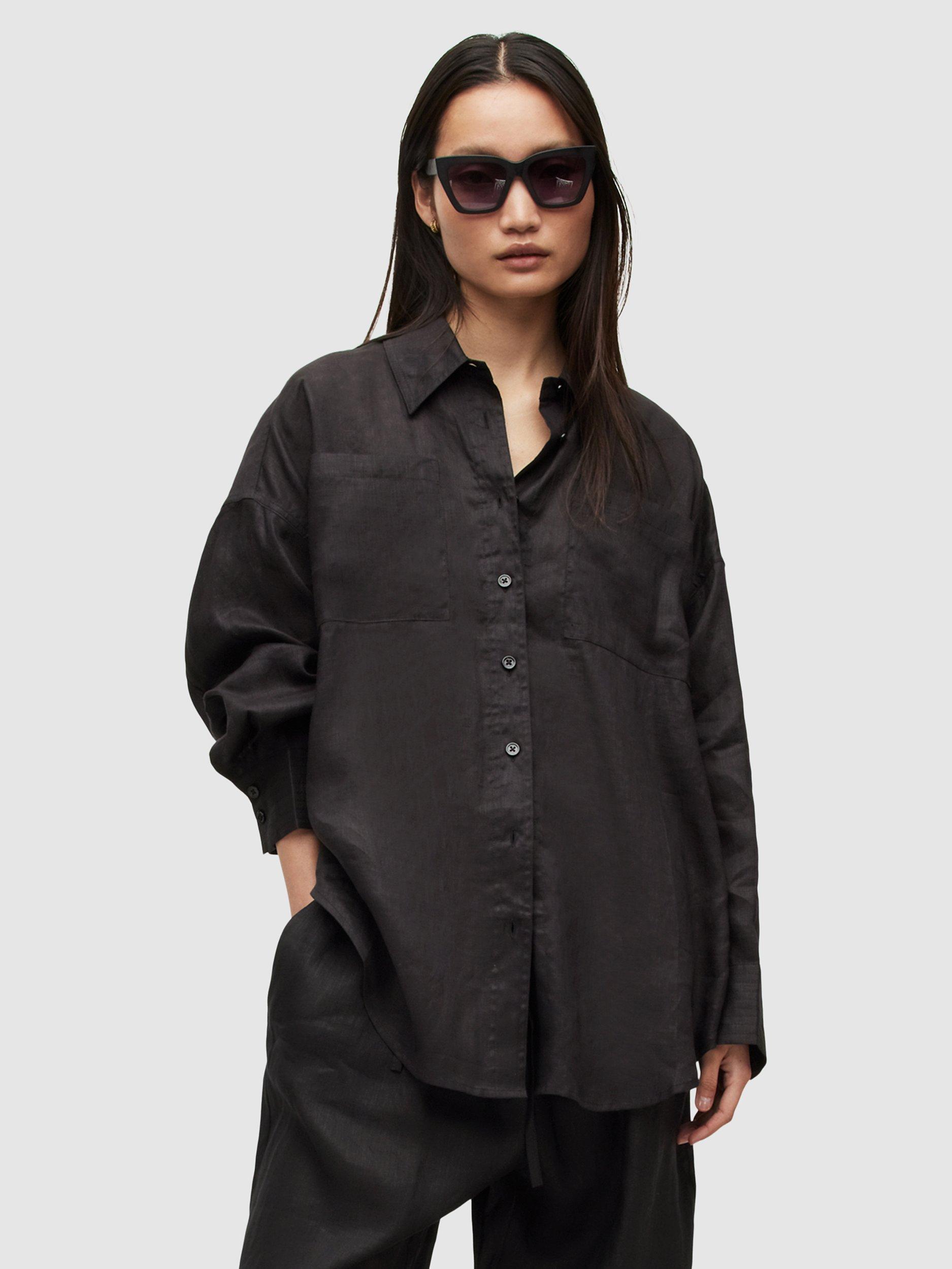AllSaints Inez Plain Long Sleeve Linen Shirt, Black
