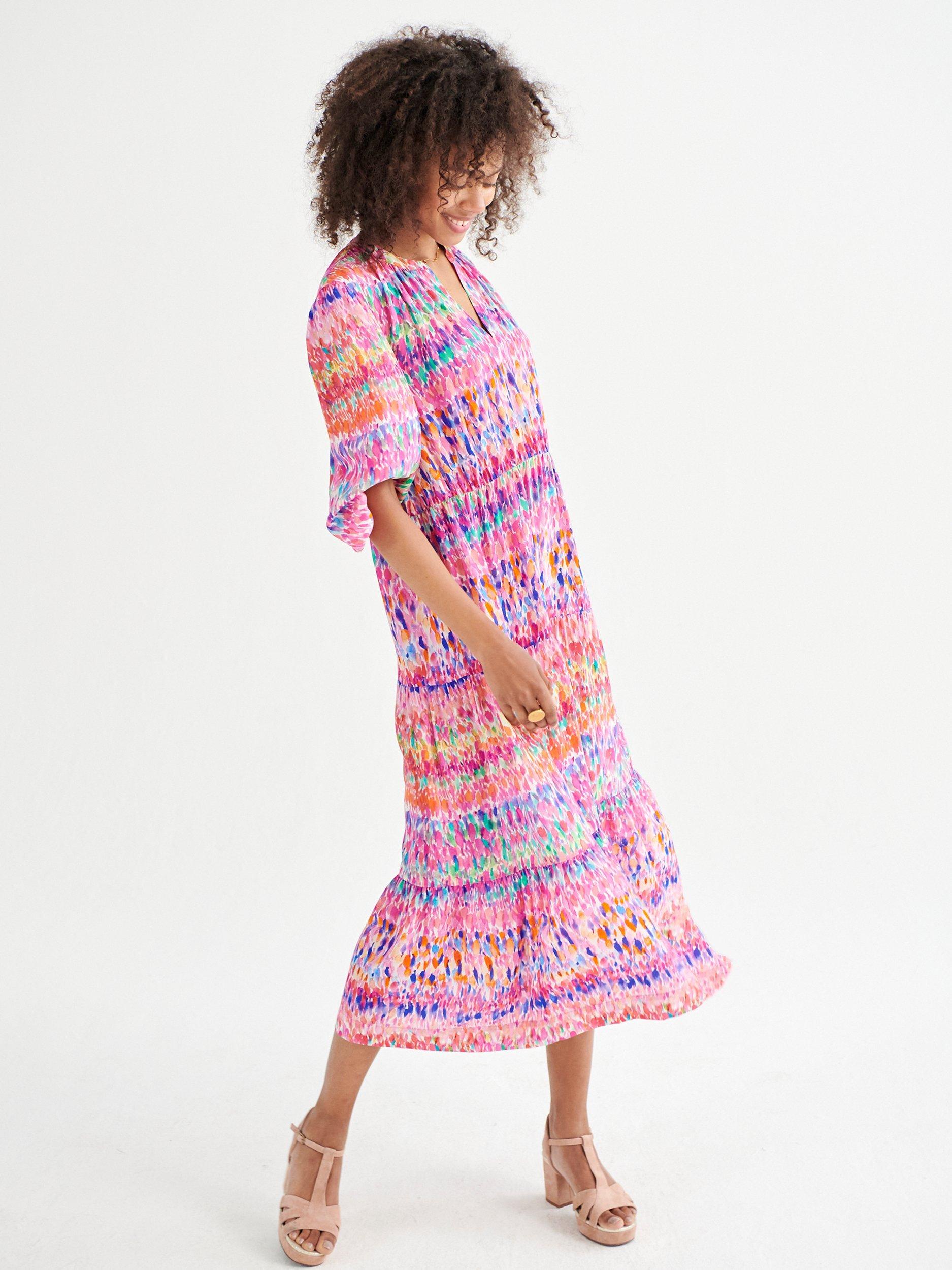 Product image 5 of 8, which shows NRBY Cora Splash Print Midi Silk Dress, Pink Water Splash, XS