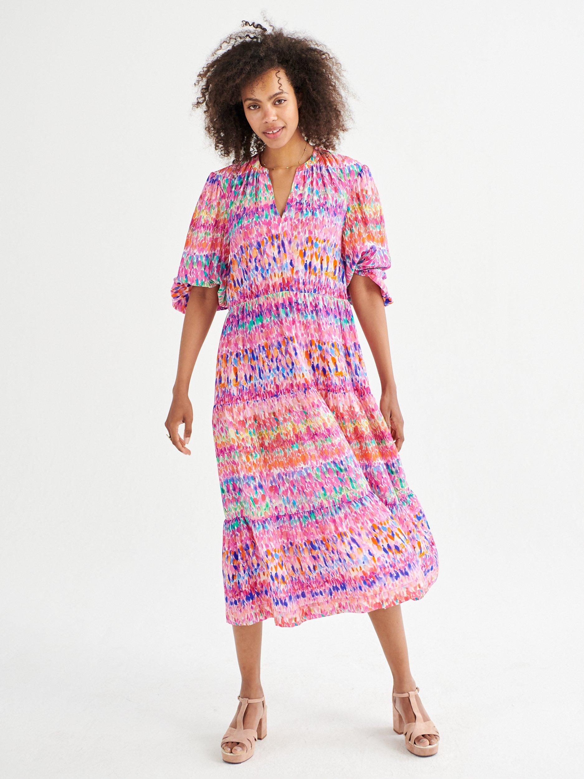 Product image 7 of 8, which shows NRBY Cora Splash Print Midi Silk Dress, Pink Water Splash, XS
