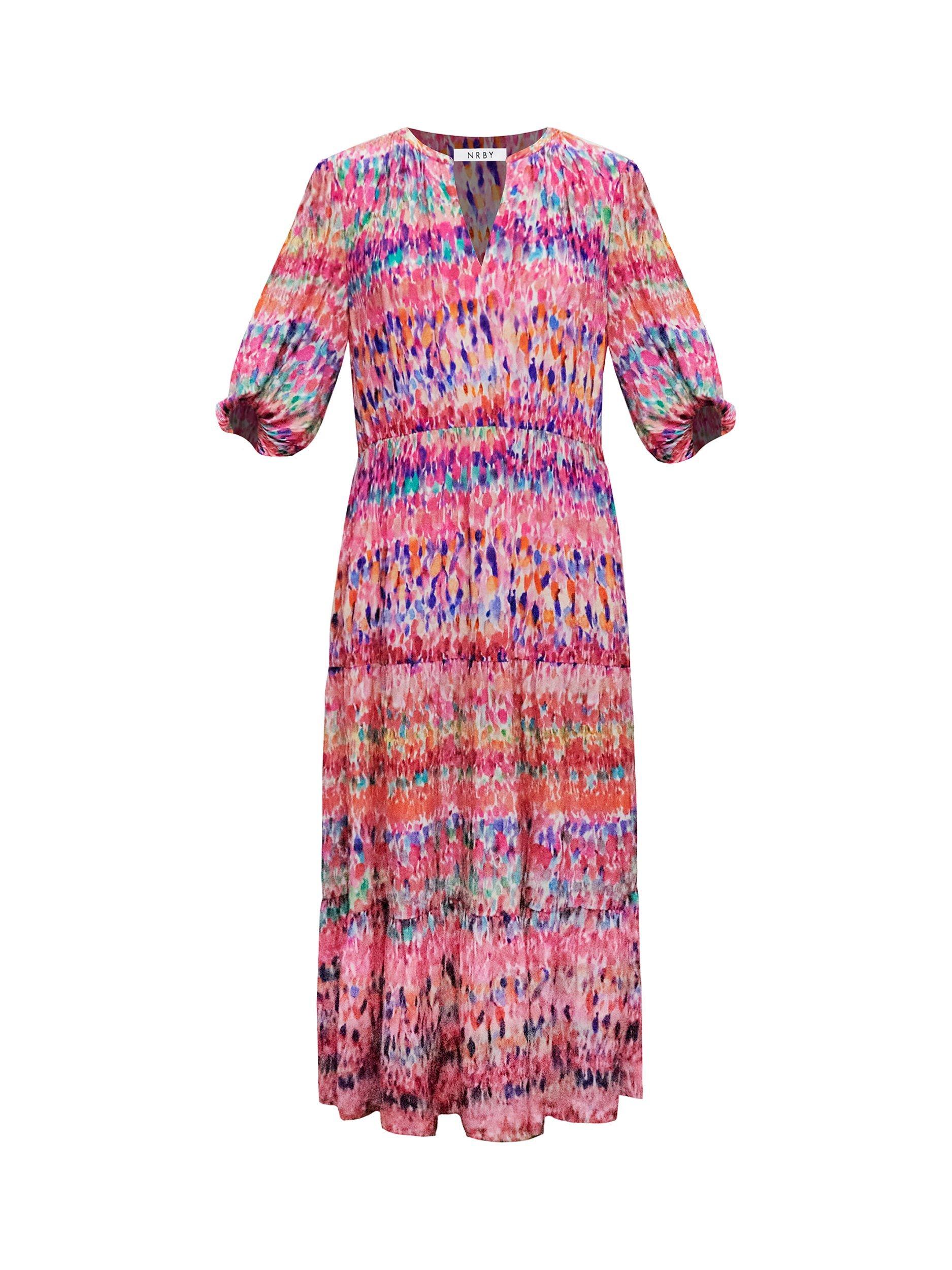 Product image 8 of 8, which shows NRBY Cora Splash Print Midi Silk Dress, Pink Water Splash, XS